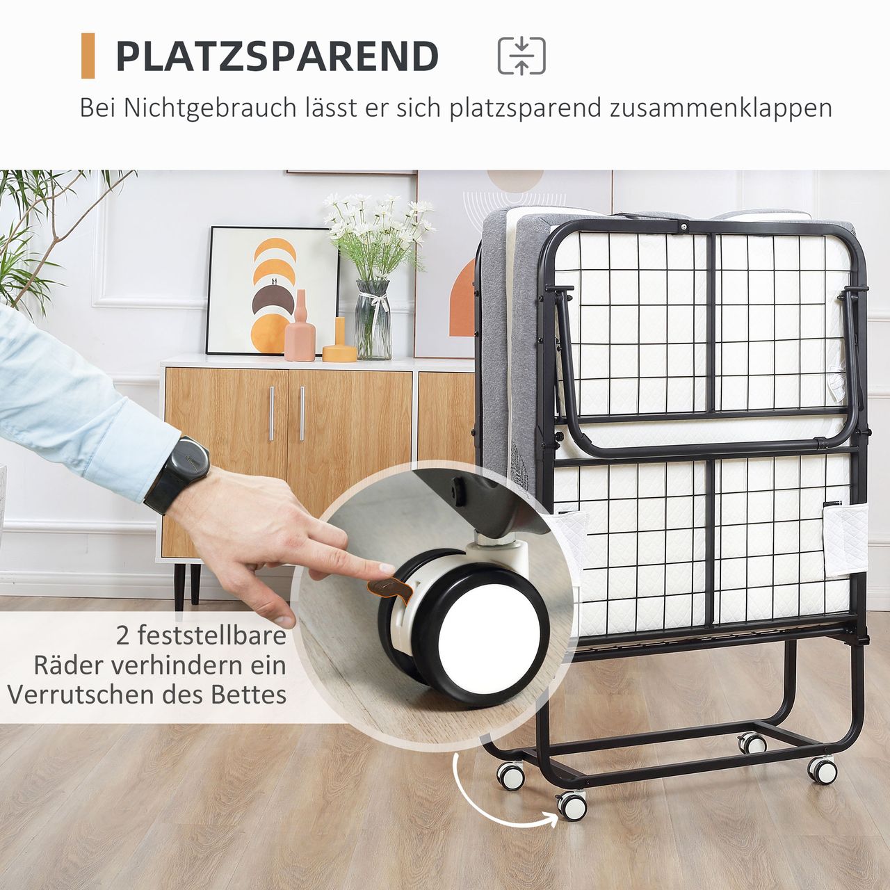 HOMCOM Gästebett 2-in-1 Klappbett mit Rollen klappbar Stahl Schaumstoff