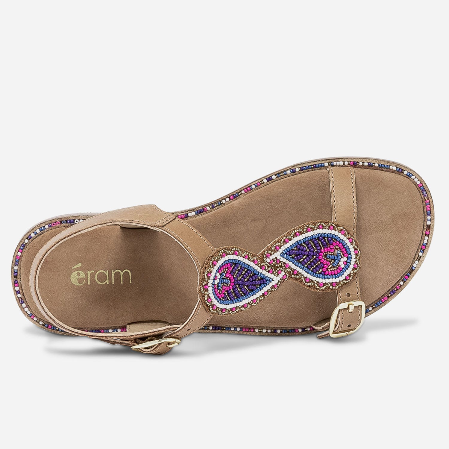 Sandale camel en cuir à plastron perlé