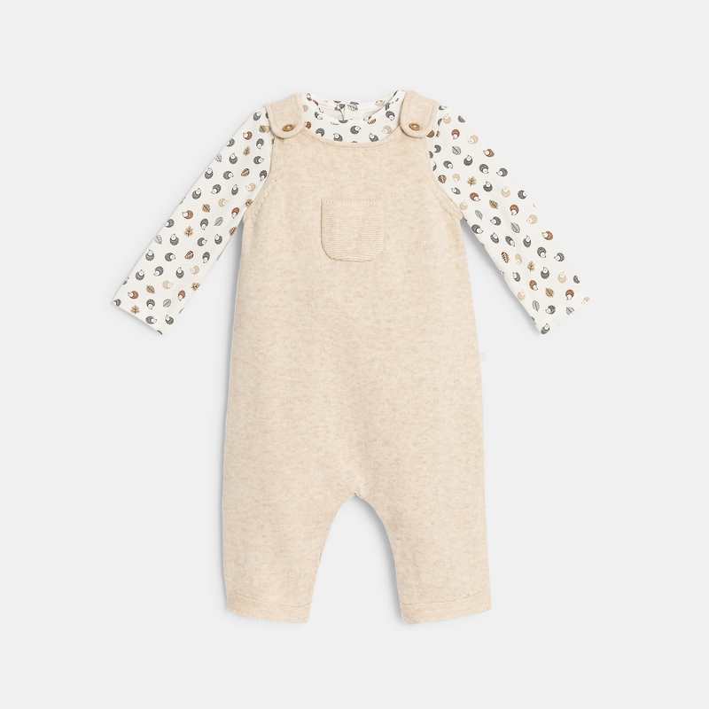 Salopette en tricot et body en coton beige naissance
