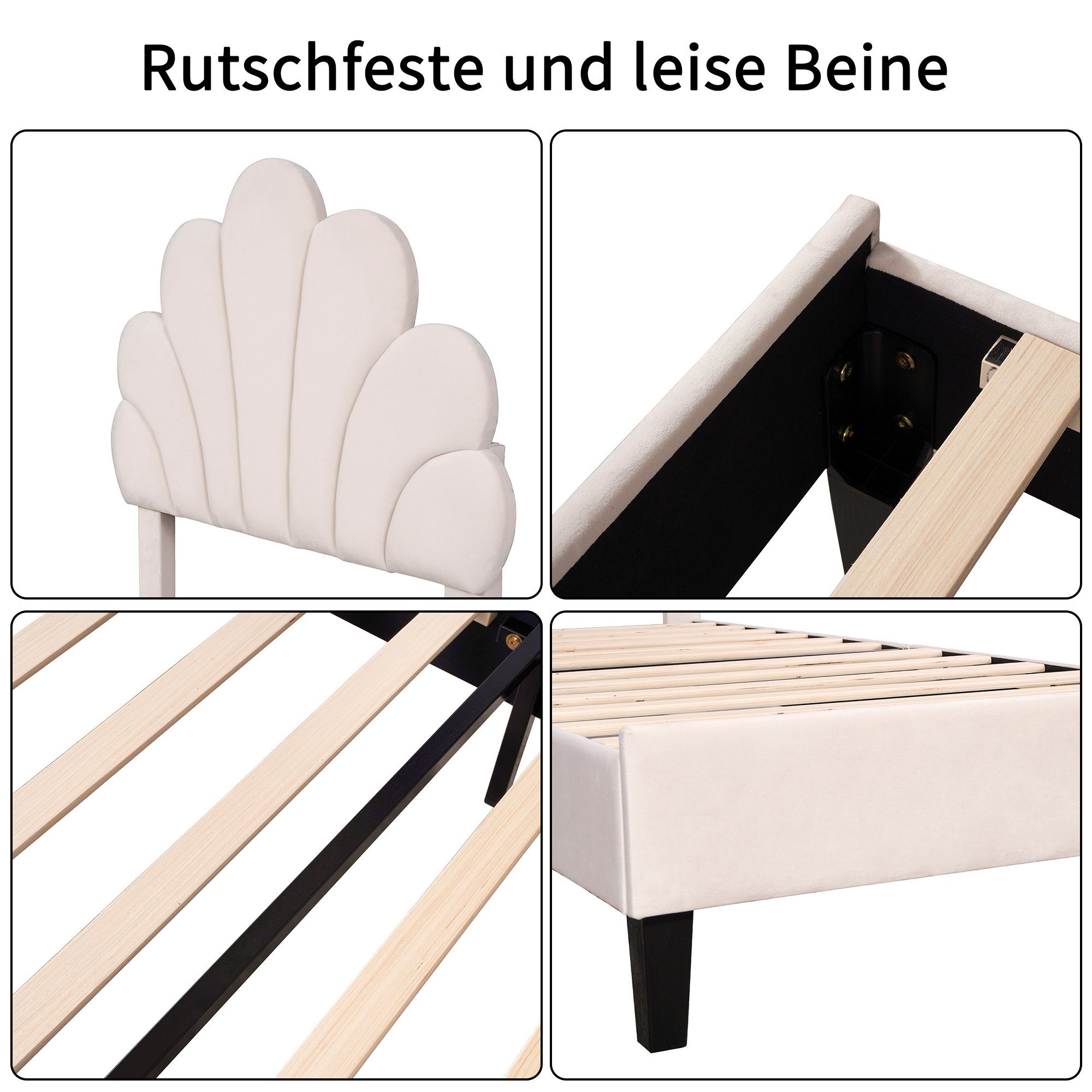 SEEZSSA Polsterbett Polsterbett Kinderbett süßes Einzelbett Mädchenbett mit Blumenform, Rückenlehne und Lattenrosten Gestell aus Holz & Samtstoff 90 x 200 cm