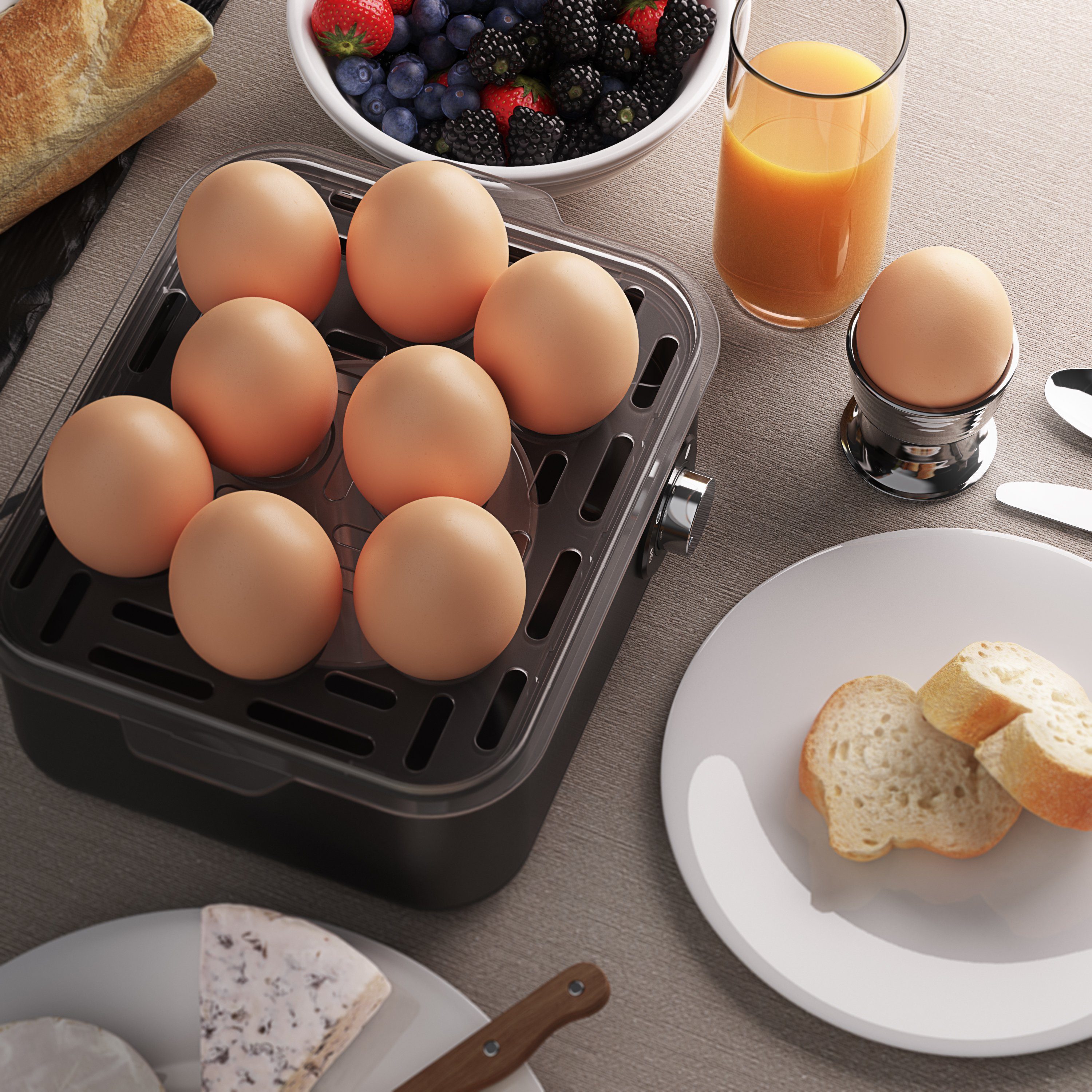 Arendo Frühstücks-Set (2-tlg), Wasserkocher 1,5l mit Temperaturwahl & Eierkocher, Edelstahl, Grau
