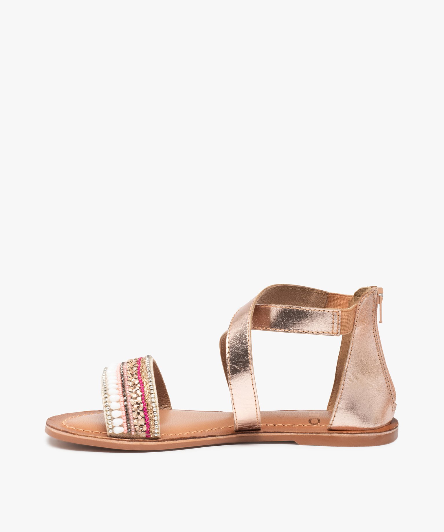 Sandales fille à tige montante et bride brodée de perles rose | GEMO