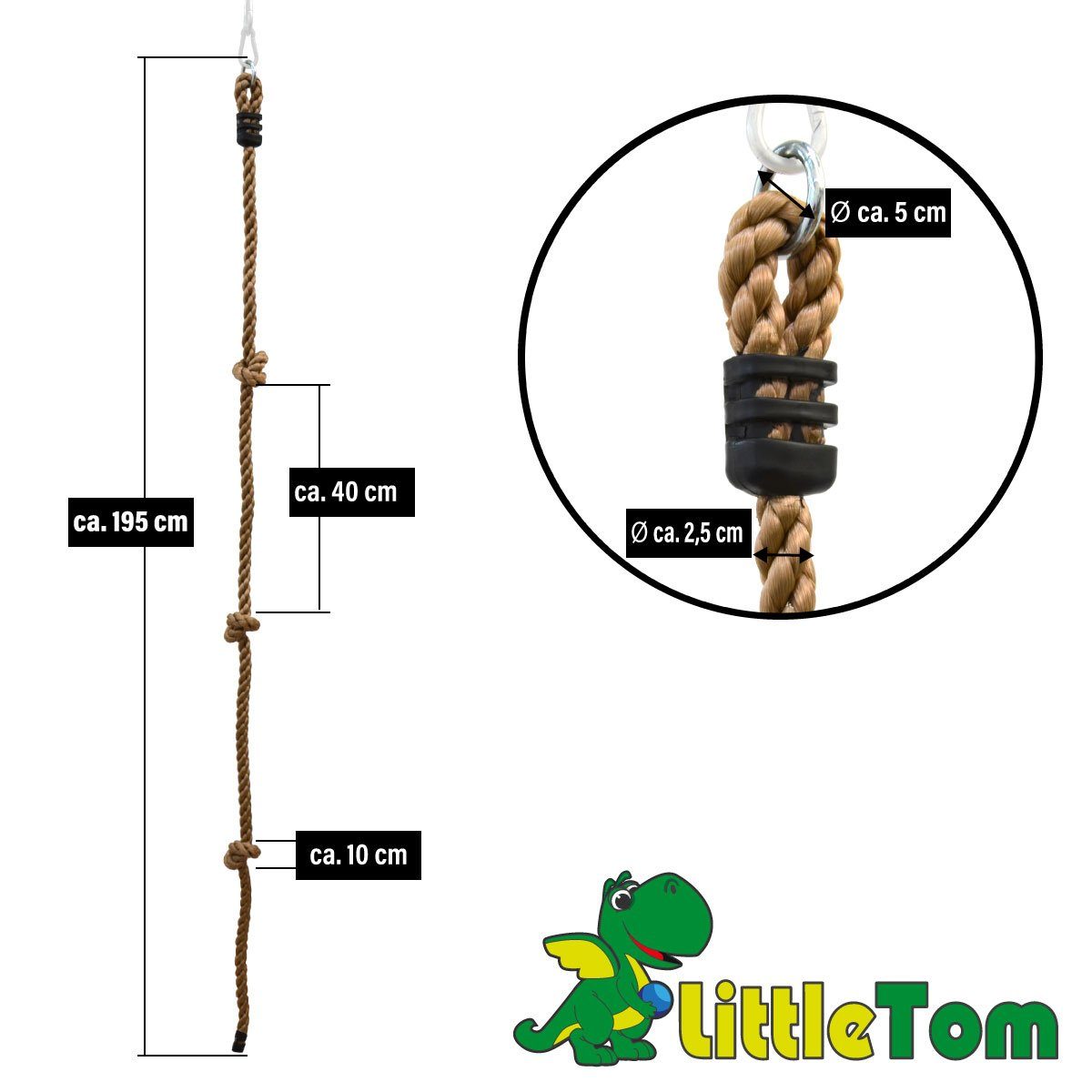 LittleTom Kletterwand Kinder Kletterseil Outdoor Kletter-Tau Knoten-Seil, 195 x 2,5 cm