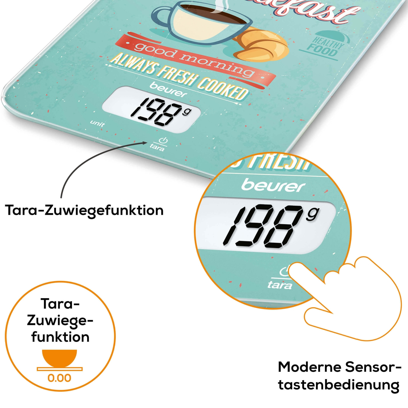 Beurer Küchenwaage KS 19 Breakfast-Küchenwaage mit stylischer Glasoberfläche & Tarafunktion
