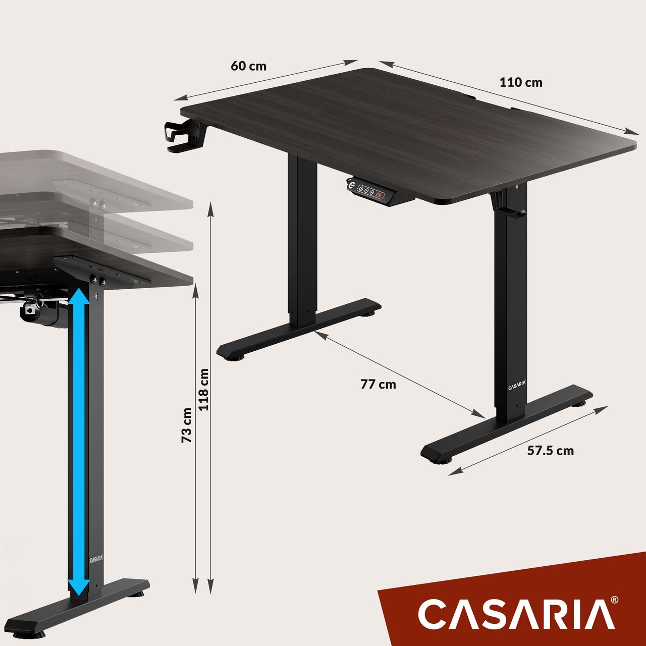 Casaria Höhenverstellbarer Schreibtisch Braun 110x60x73-118cm