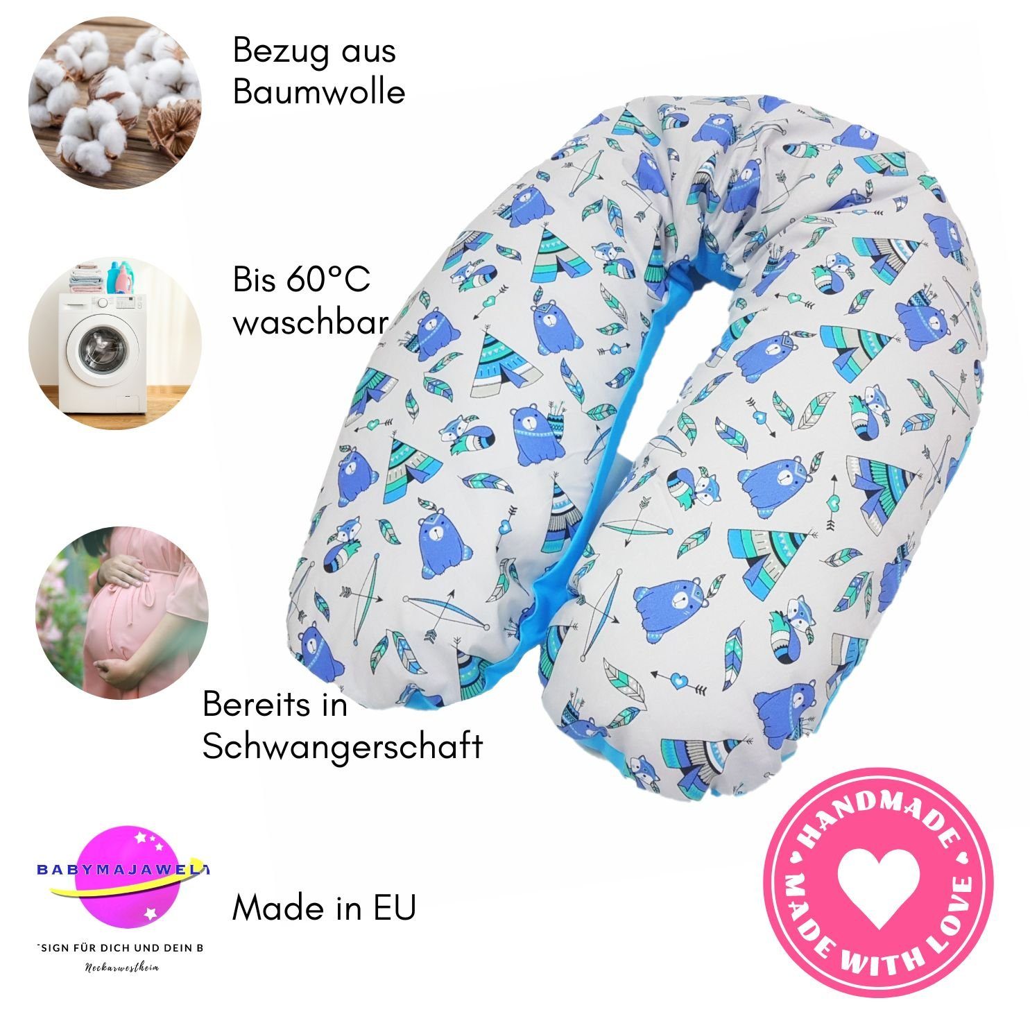 Babymajawelt Stillkissen Stillkissen Perlenfüllung Seitenschläferkissen XL, Speichert Wärme!, Tipi Blau Kissen, Schwangerschaftskissen, Made In EU, Prall gefüllt, Individuell anpassbar