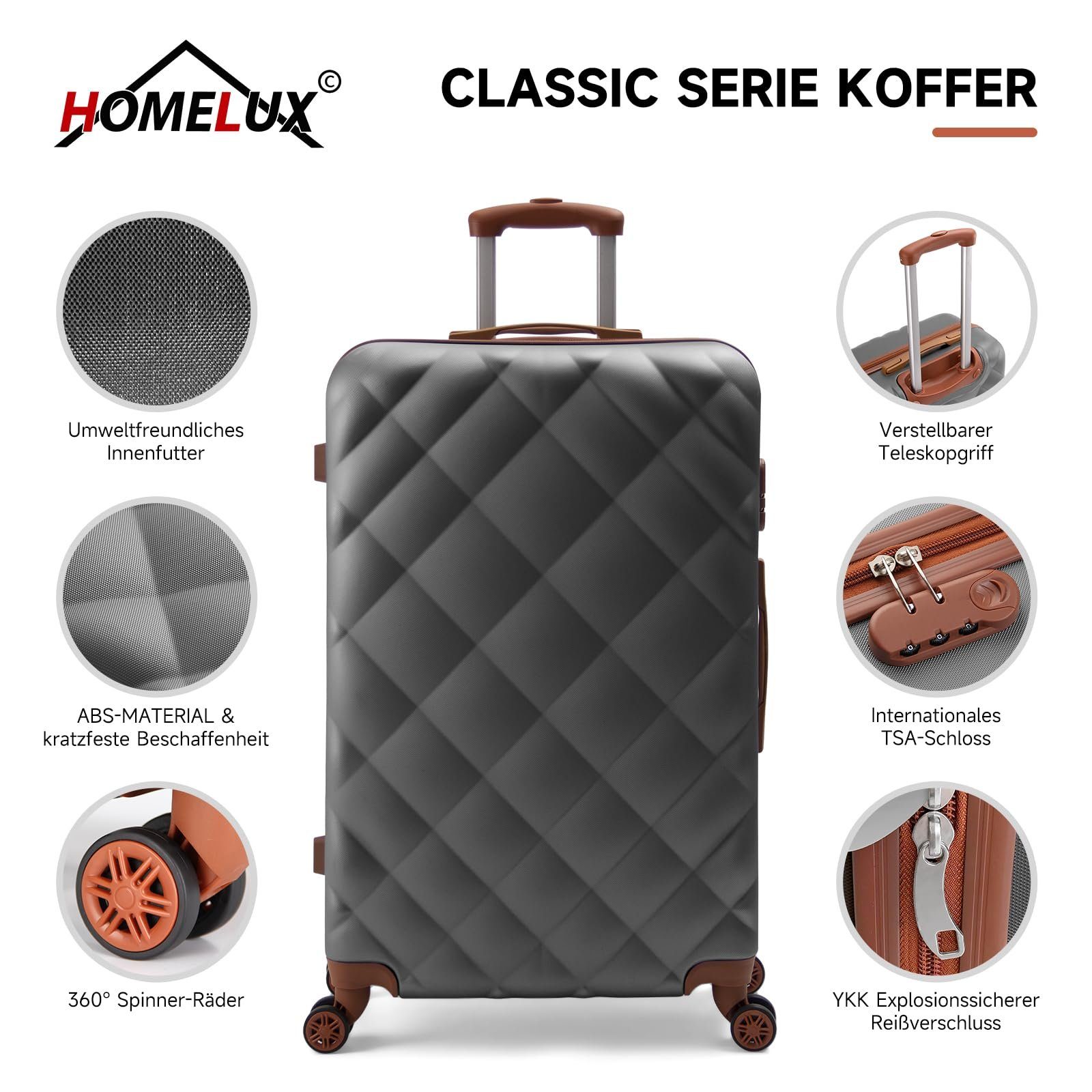 HOMELUX Trolleyset Kofferset 3 Teilig Hartschale Reisekoffer ABS, 4 Rollen, (set, 3 tlg., 3), Trolley Rollkoffer Hartschalenkoffer Set - M-L-XL