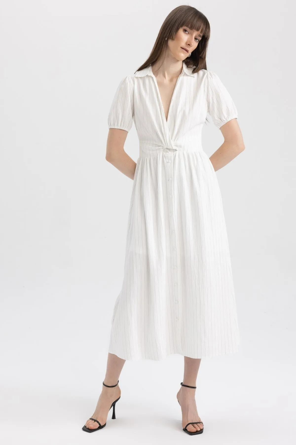 DeFacto  Gestreiftes Midi-Kurzarmkleid mit Hemdkragen