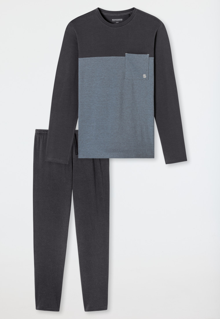 Schlafanzug lang Organic Cotton Streifen Brusttasche anthrazit - 95/5 Nightwear