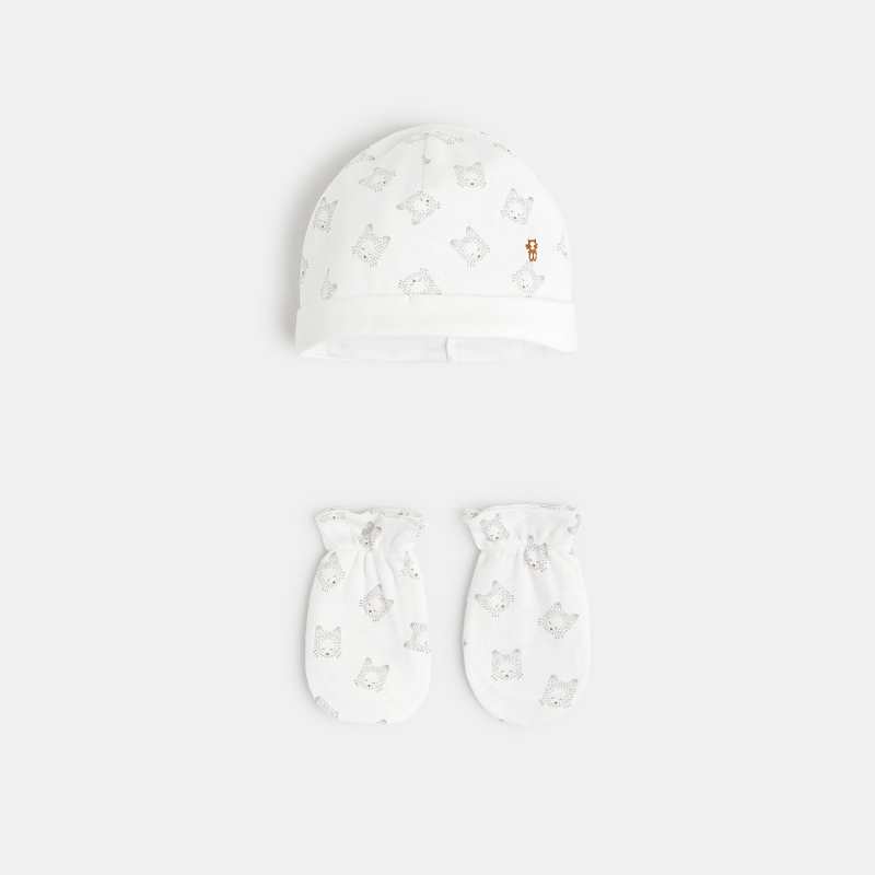 Bonnet et moufles jersey côtelé blanche naissance