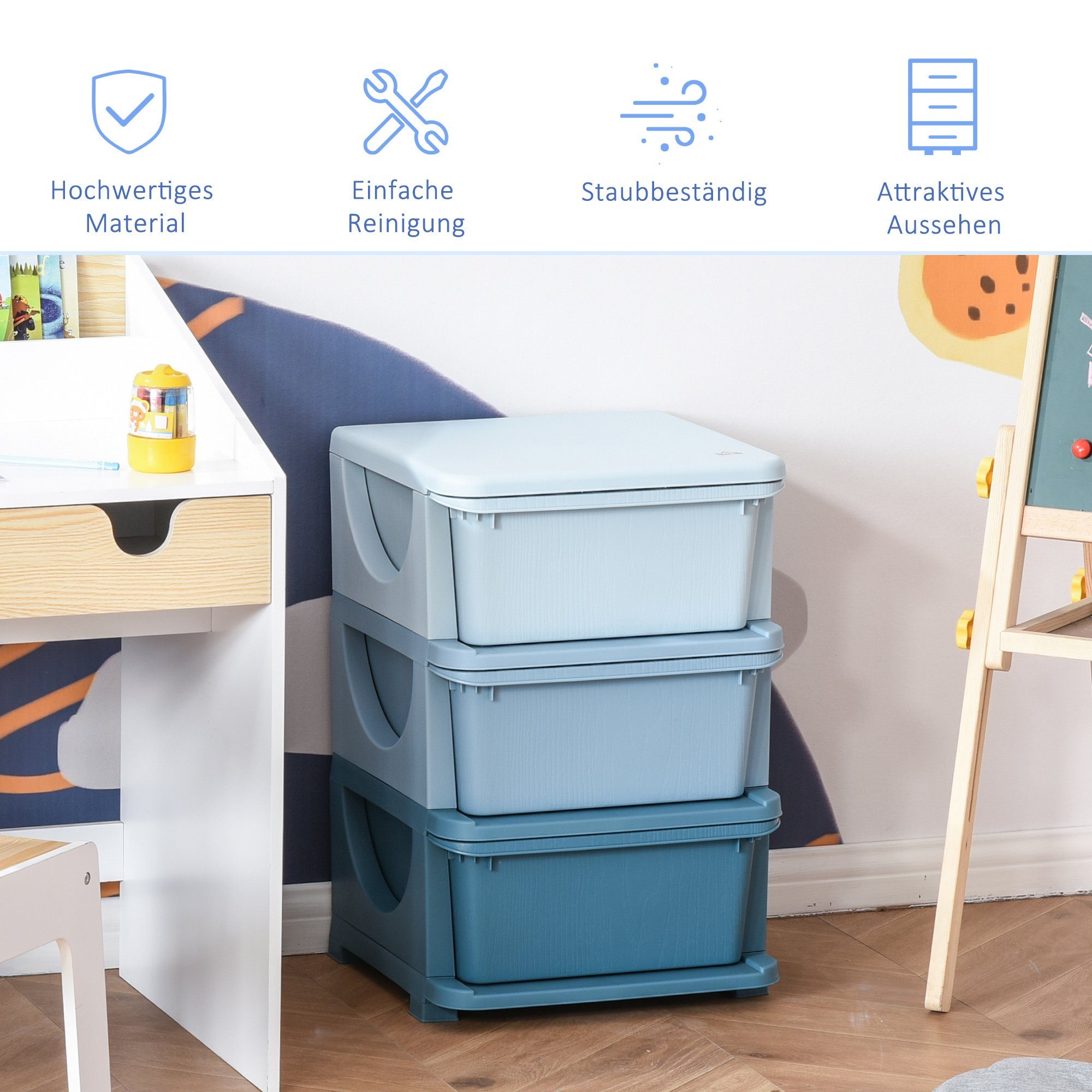 HOMCOM Spielzeugtruhe mit Stauraum Aufbewahrungsboxen Spielzeug-Organizer Blau (Set, 1 St., drei Ebene für Kinderzimmer 3-6 Jahre), 37L x 37B x 56.5H cm