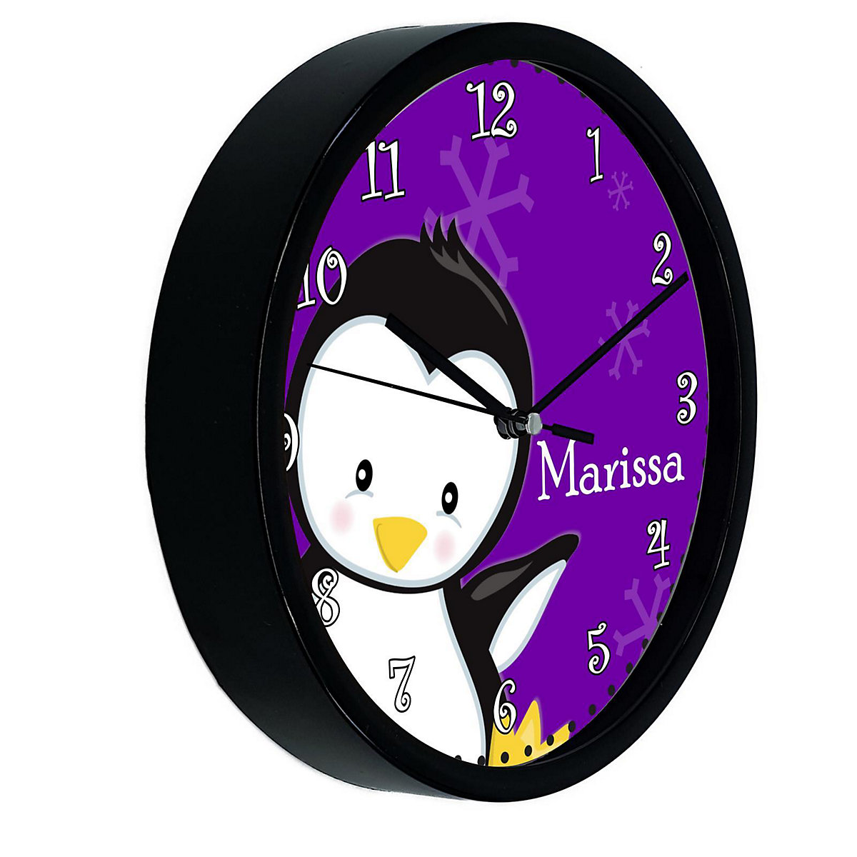 Kinder Wanduhr personalisiert mit Name Pinguin lila