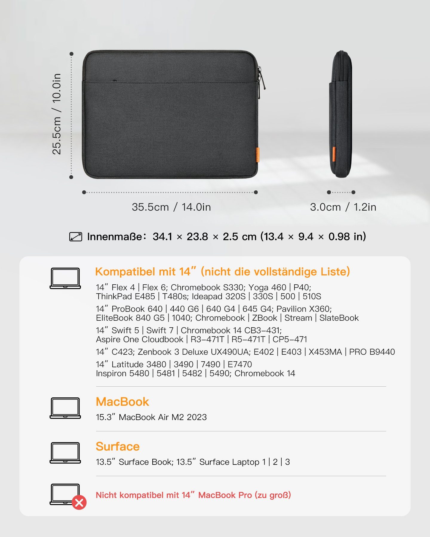 Inateck Laptop-Hülle 14 Zoll Laptoptasche, für 15-15,3 Zoll MacBook Pro/Air