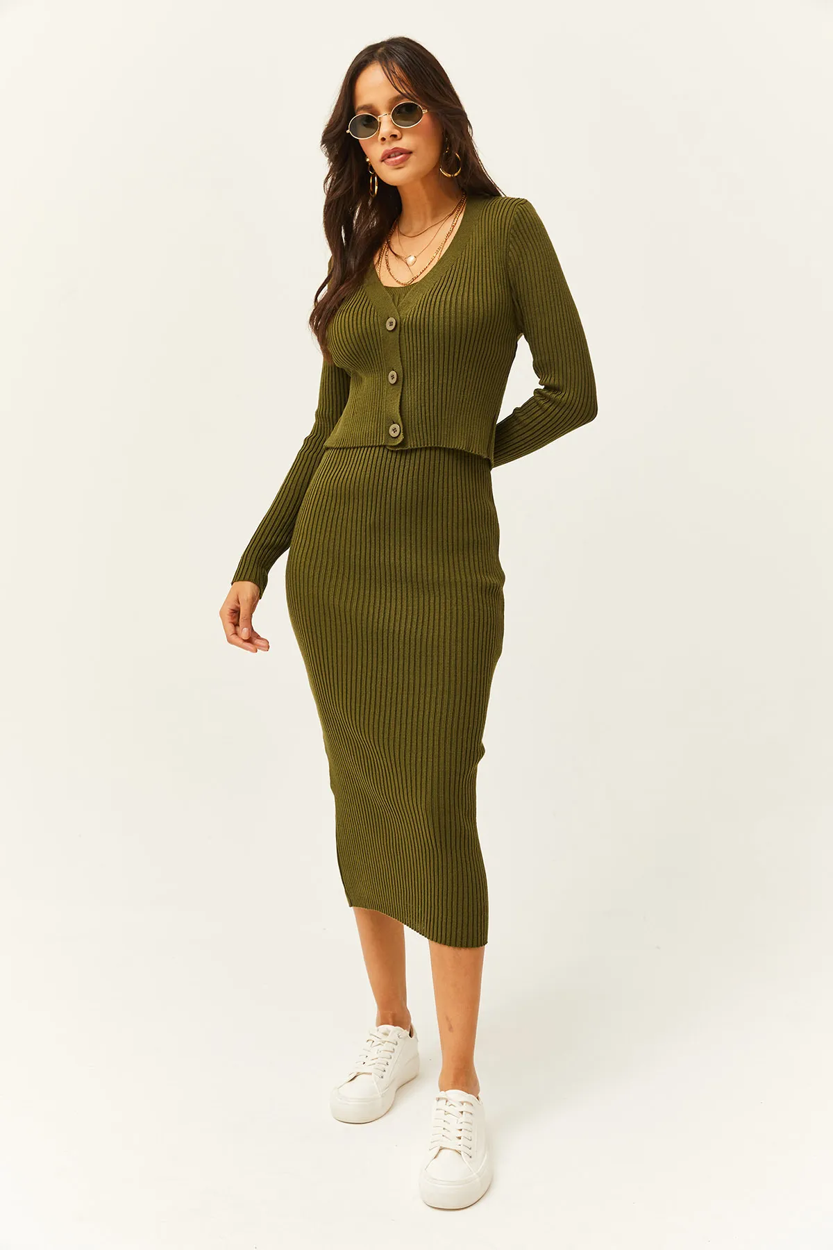 Olalook  Damen-Khaki-Kleid-Cardigan, zweiteiliger Strickanzug TKM-19000223