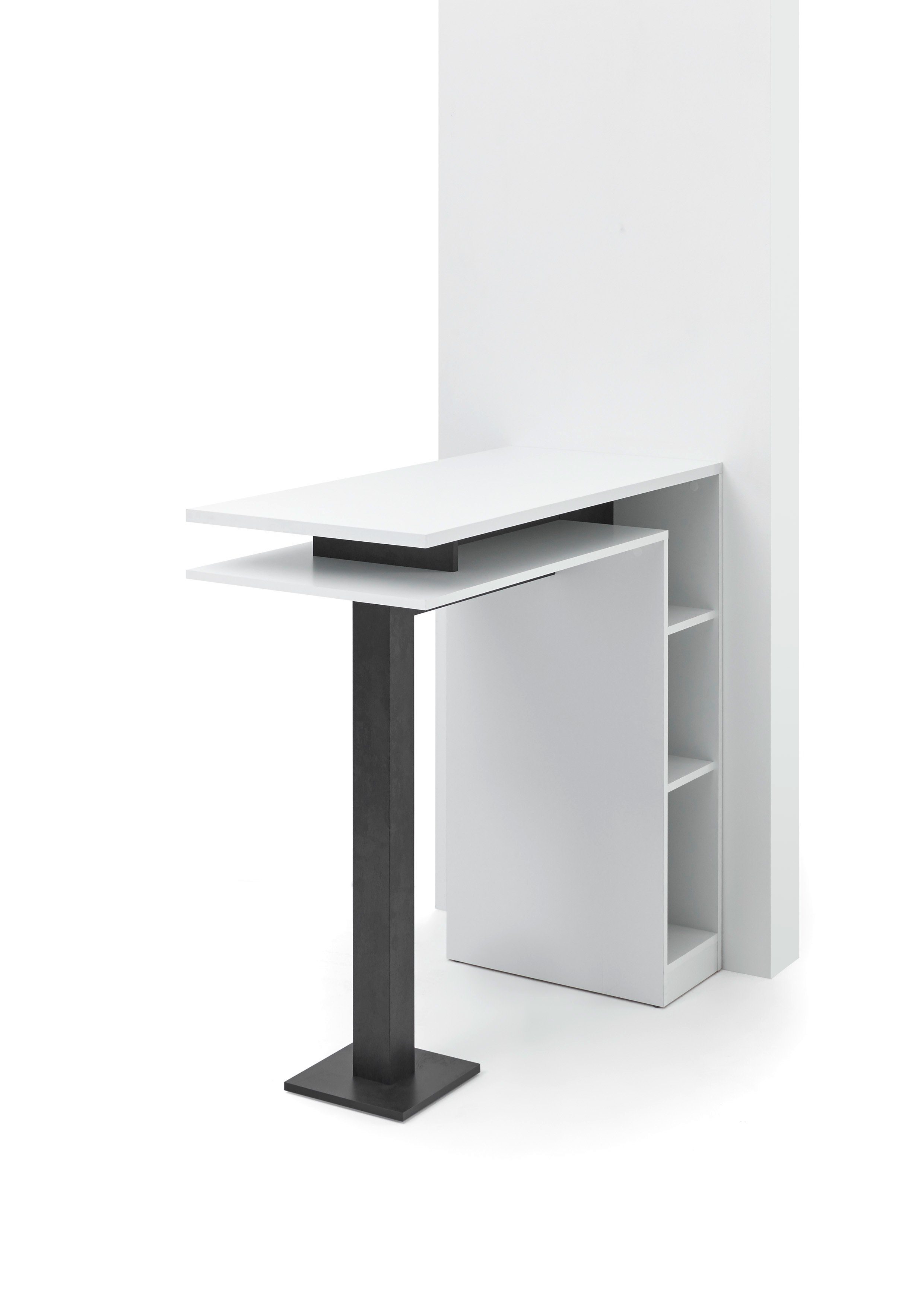 möbelando Bartisch Billa, Moderner Bartisch aus Spanplatte in Weiß, Absetzungen in Beton dunkel Nachbildung mit 6 Ablageflächen. Breite 108 cm, Höhe 103 cm, Tiefe 50 cm