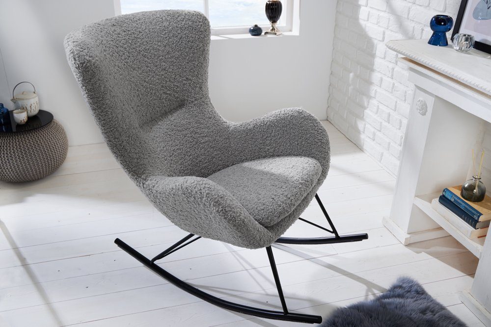 riess-ambiente Schaukelstuhl SCANDINAVIA SWING hellgrau / schwarz (Einzelartikel, 1 St), Wohnzimmer · Bouclé · Metall · Teddystoff · Schlafzimmer