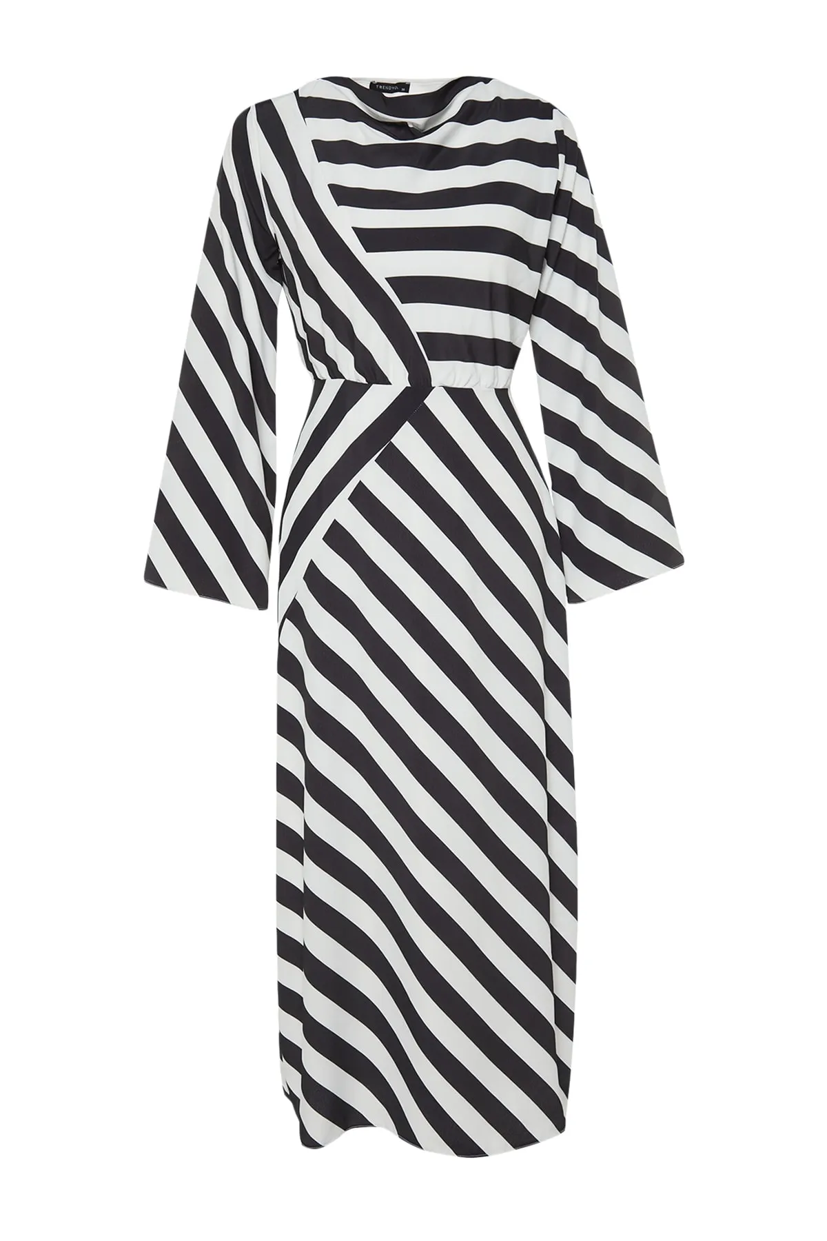 Trendyol Modest  Schwarzes, gestreiftes, gewebtes Kleid mit Degaje-Kragen TCTSS23EB00279