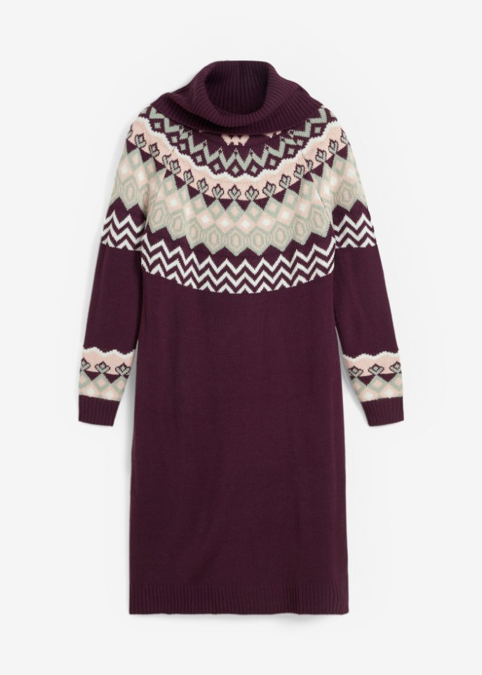 Strickkleid mit Norwegermuster und weitem Rollkragen, kniebedeckend