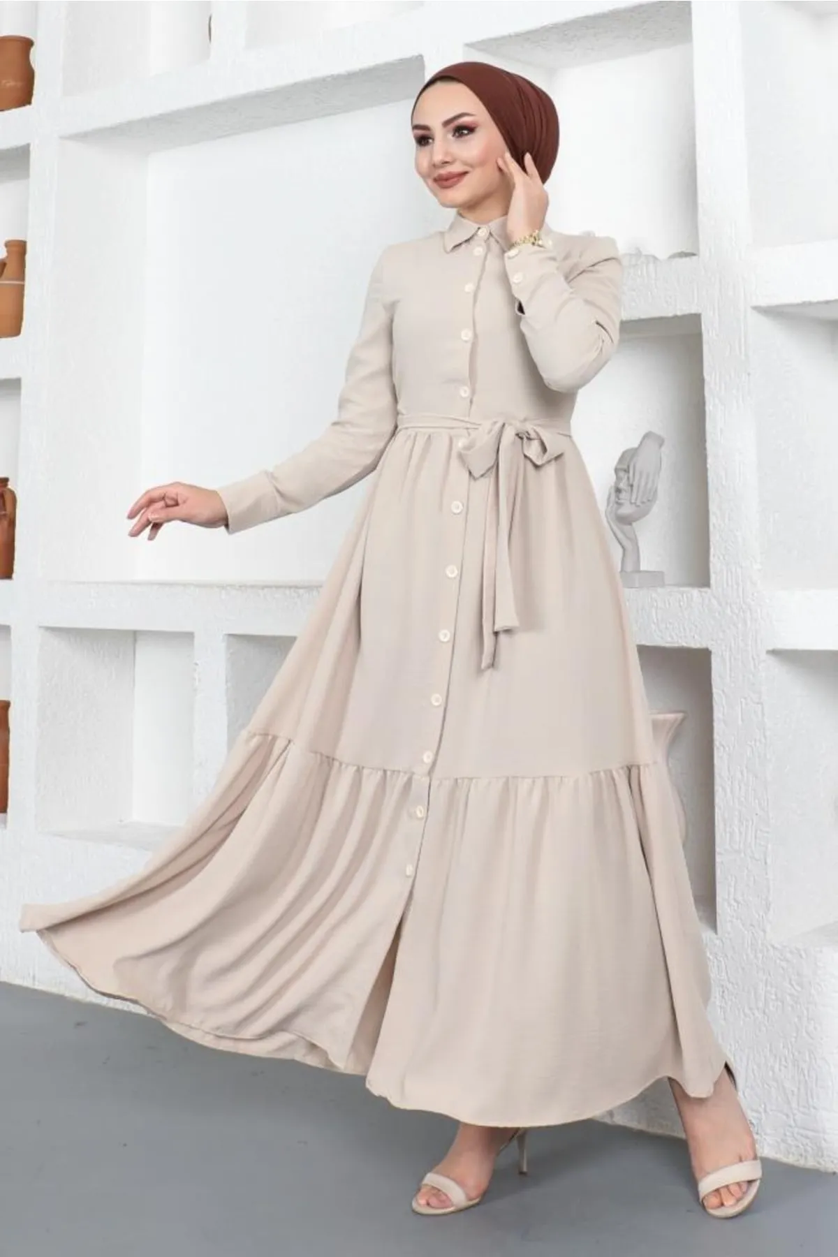 benguen  443 Aerobin Hijab-Kleid mit Hemdkragen, Steinfarbe