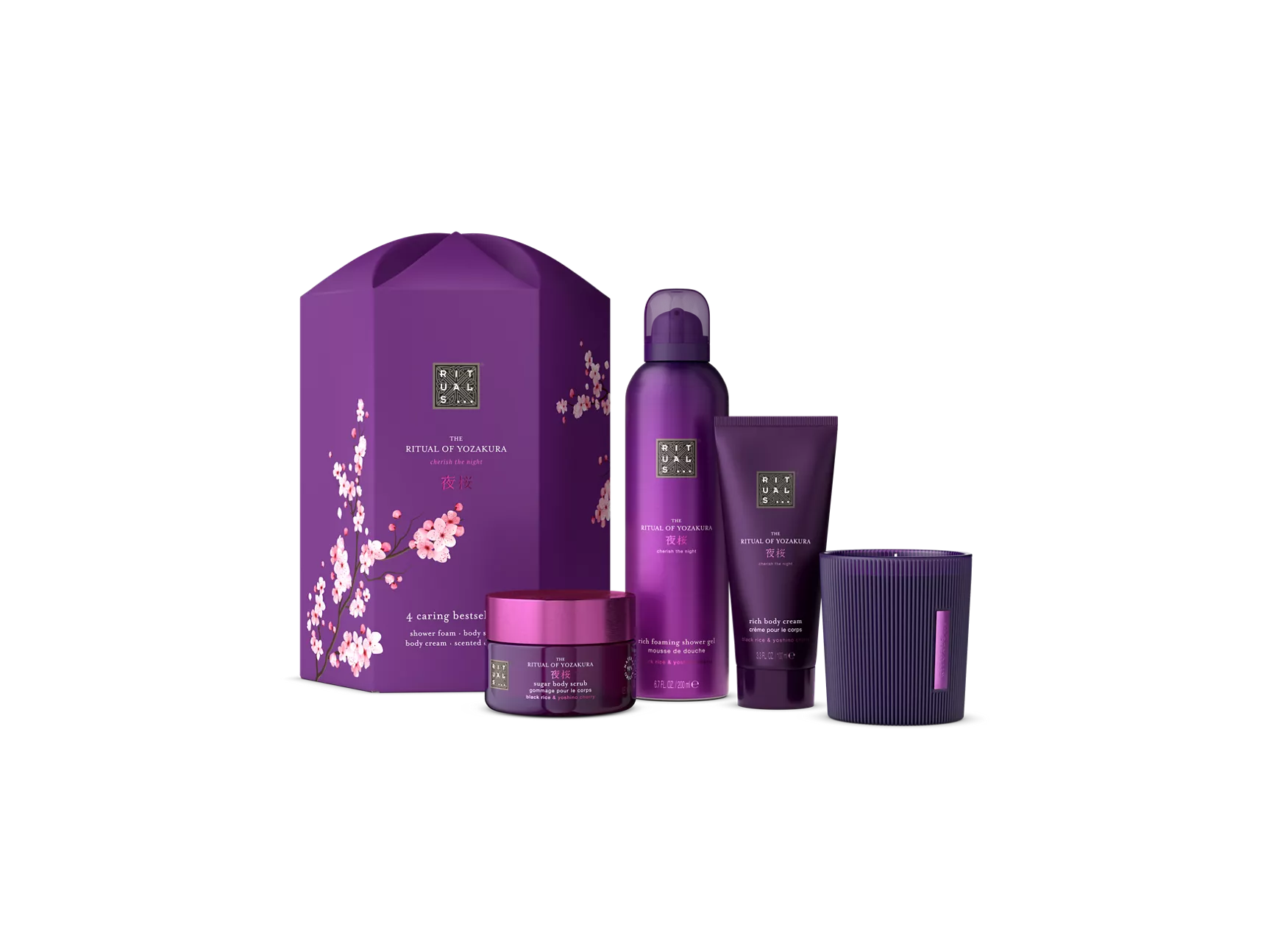 Coffret cadeau Le Rituel de Yozakura M : gel douche moussant 200 ml, crème pour le corps 100 ml, gommage corporel au sucre 125 g, bougie parfumée 140 g