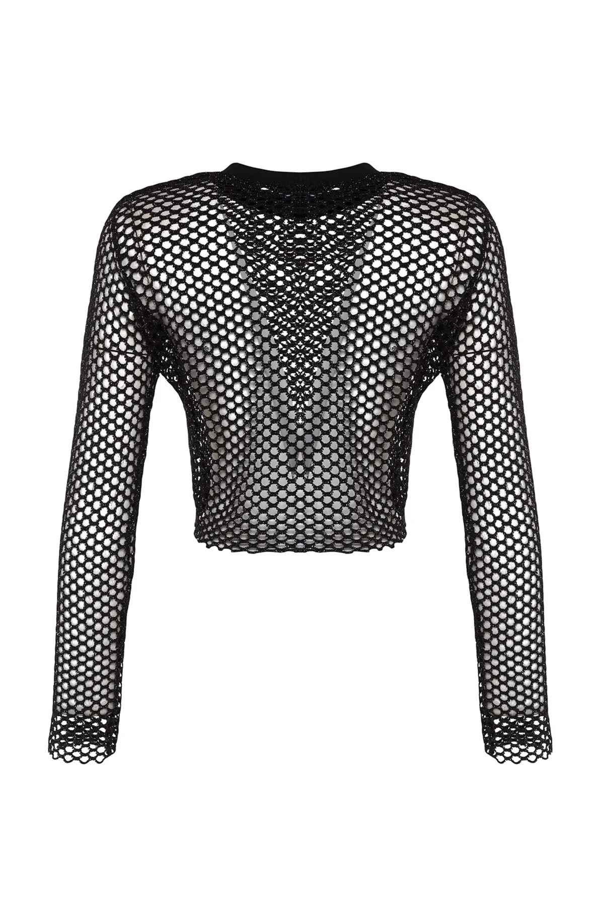 Trendyol Collection  Schwarze, locker geschnittene, bauchfreie Strickbluse aus Lurex-Mesh mit Rundhalsausschnitt TWOSS23BZ00523