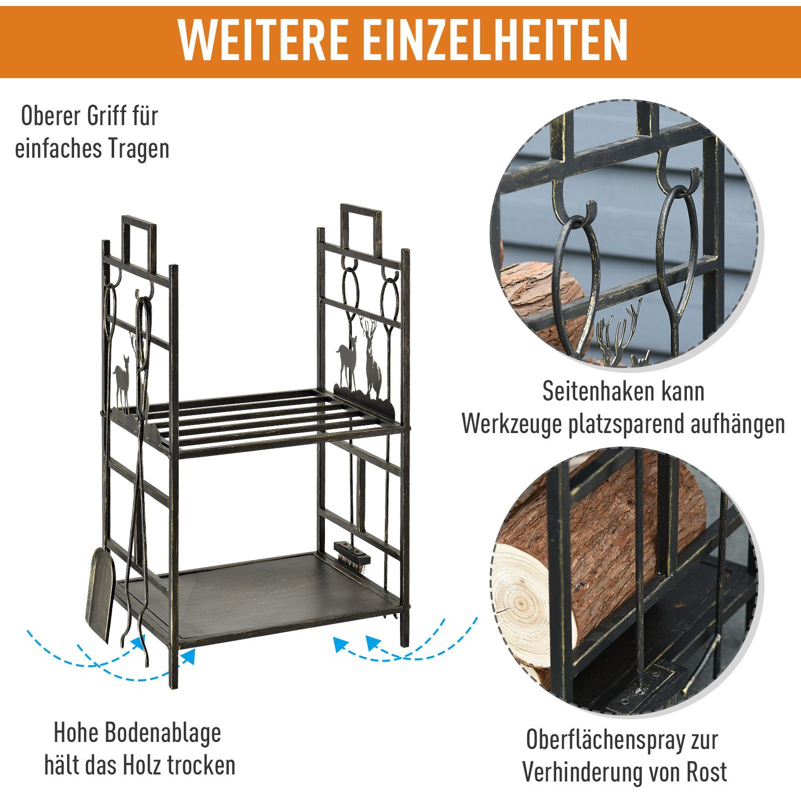Outsunny Kaminholzregal Kaminholzständer mit Kaminbesteck