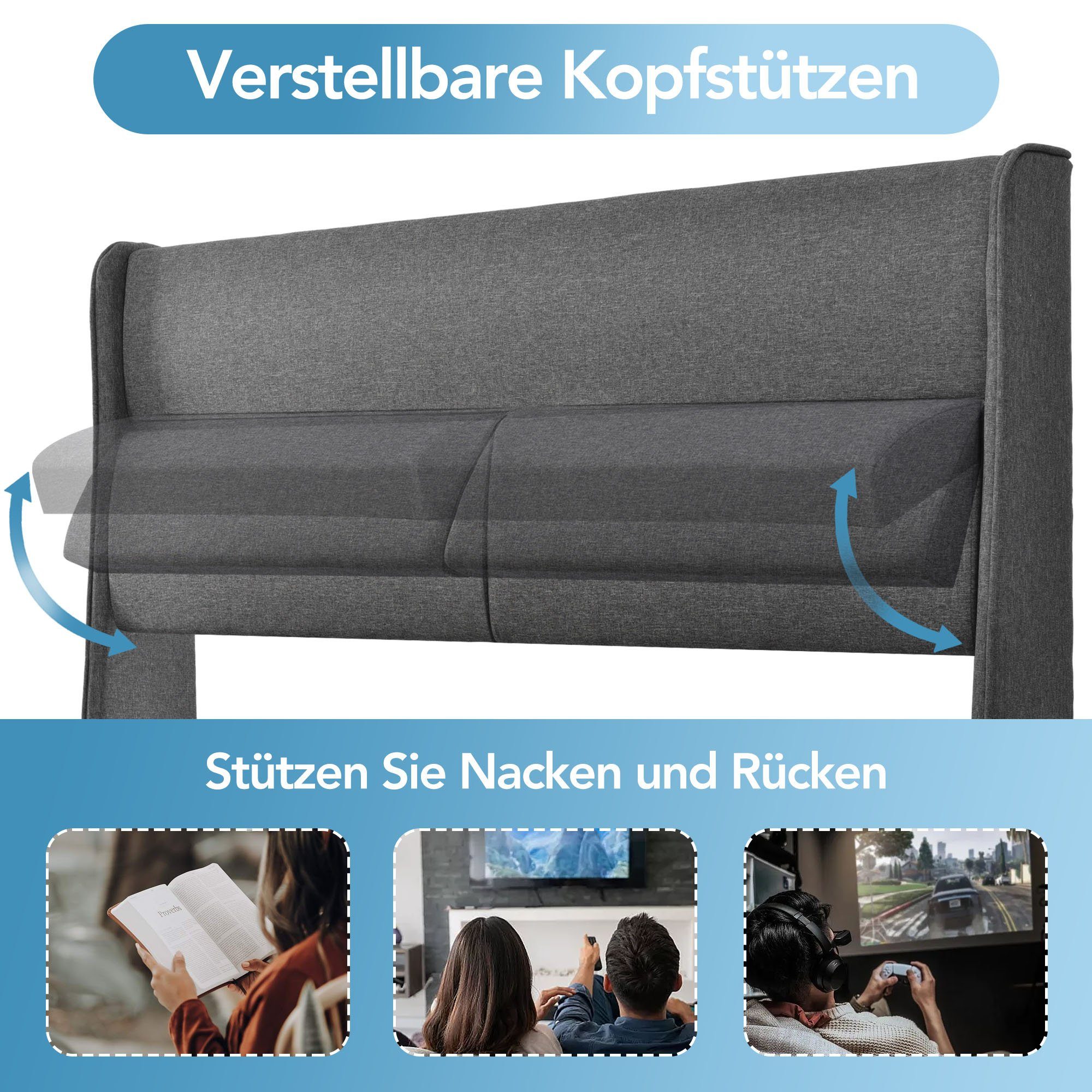 REDOM Polsterbett Doppelbett mit Verstellbare Kopfstützen (140x200 mit lattenrost(Ohne Matratze), Stauraumbetten Bettgestell aus Leinenmateria