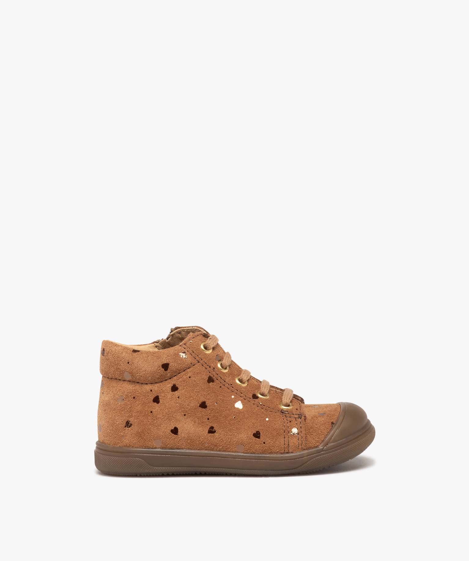 Baskets bébé fille mid-cut en cuir et à petits coeurs - NA! camel | GEMO