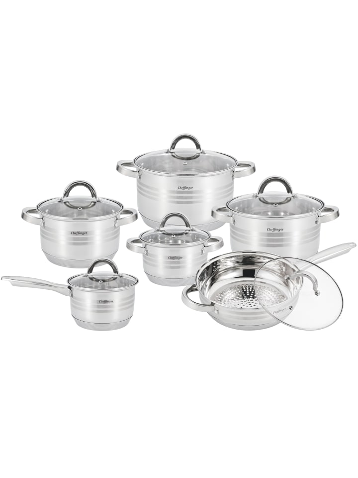 COFI 1453 12-tlg Edelstahl Kochgeschirrset Deckel Induktion Kochtopf Topf in Silber günstig kaufen onesize