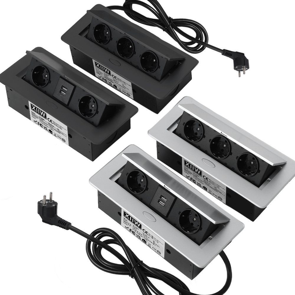 XERSEK 1.8m Kabel +Netzteil Versenkbar Einbausteckdose Tischsteckdose mit USB Einbau-Tischsteckdose (2Fach +2USB, 3500W/16A Tischplatte, Bodensteckdose), Aluminium Steckdosenleiste für Möbel, Büro, Küche
