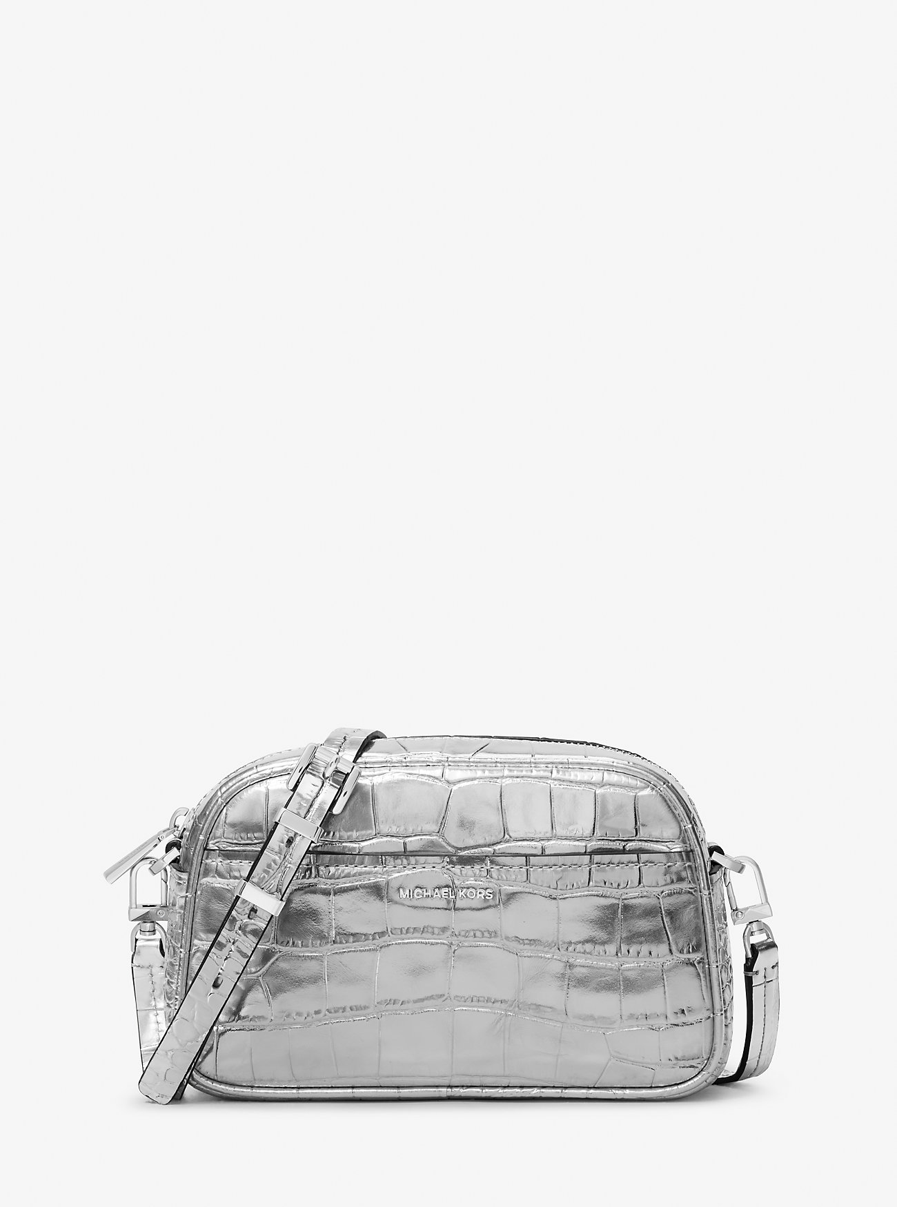 Borsa a tracolla Jet Set Small in pelle metallizzata con stampa coccodrillo - ARGENTO