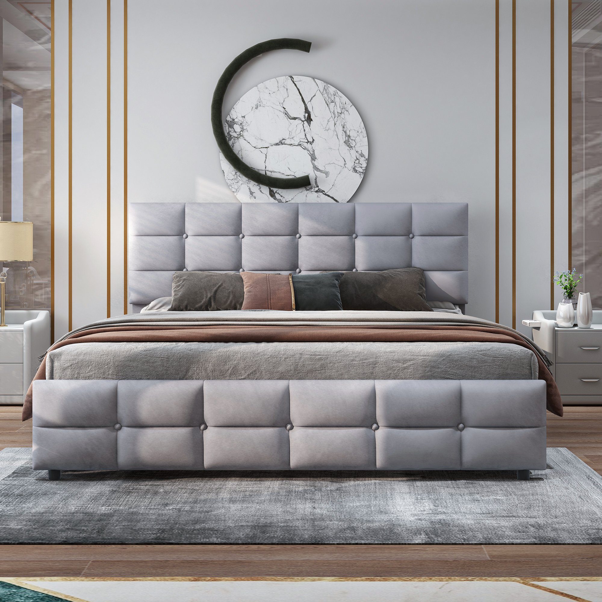 REDOM Polsterbett Funktionsbett Doppelbett, mit 4 Schubladen, Samtstoff (180 x 200 cm, Lattenrost und Rückenlehne, Matratze nicht enthaltet), Ohne Matratze