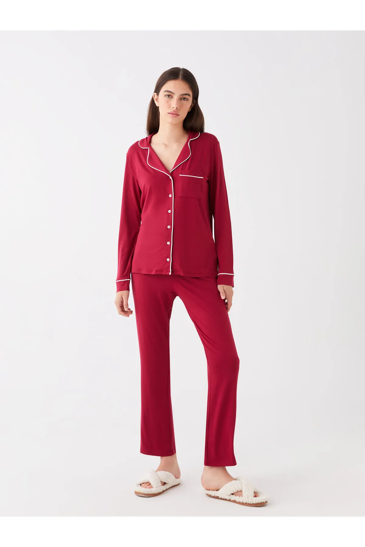 LC Waikiki  Einfarbiges, langärmliges Damen-Pyjama-Set mit Hemdkragen