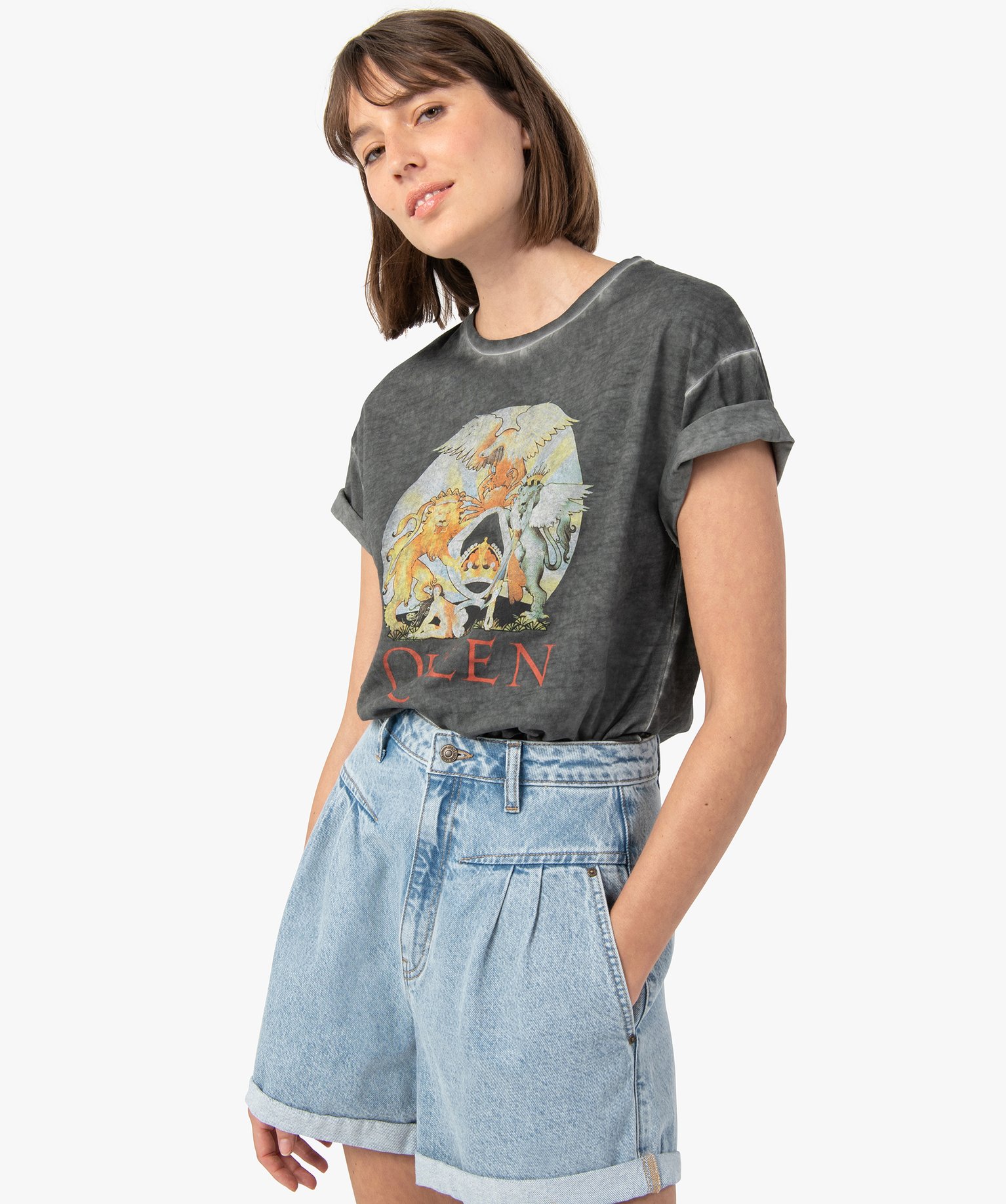 Tee-shirt femme ample et court à motif - Queen gris | GEMO