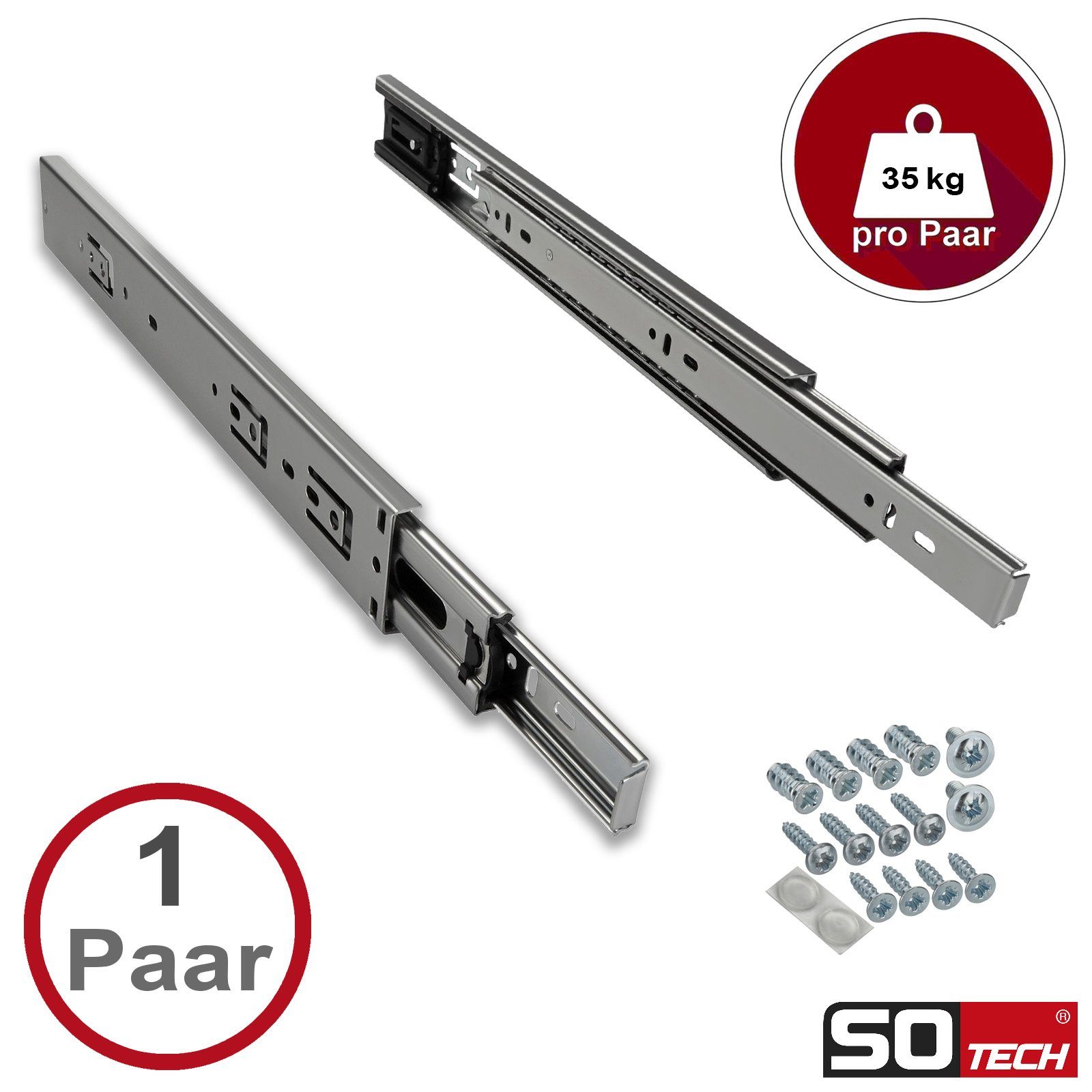SO-TECH® Auszug Vollauszüge KV1-35-H45-SE-MS Traglast 35 kg, Selbsteinzug, Länge 250 mm, 1 Paar inkl. Schraubenset