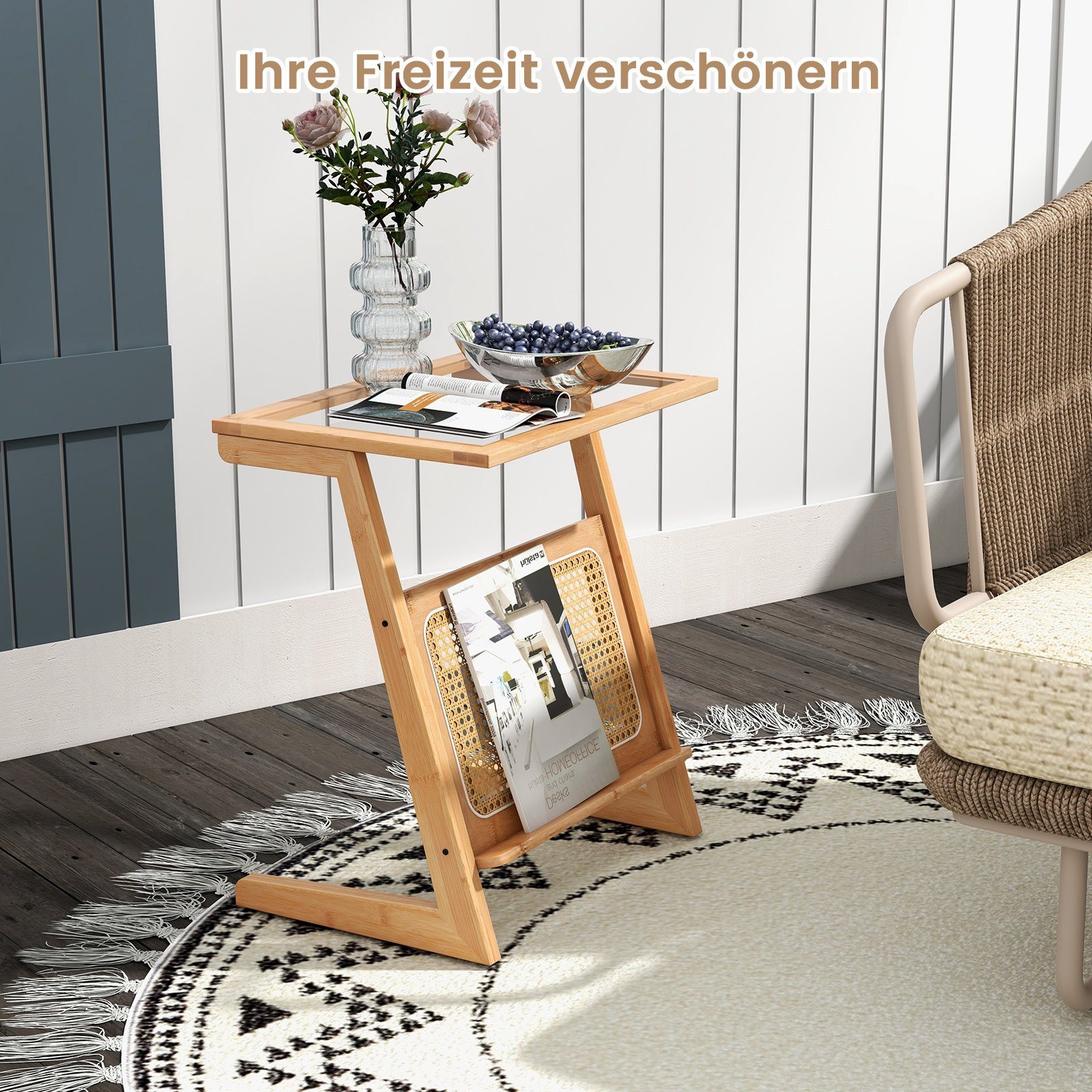 COSTWAY Beistelltisch, Bambus, Z-förmig, mit Rattan-Ablage & Glasplatte, Natur