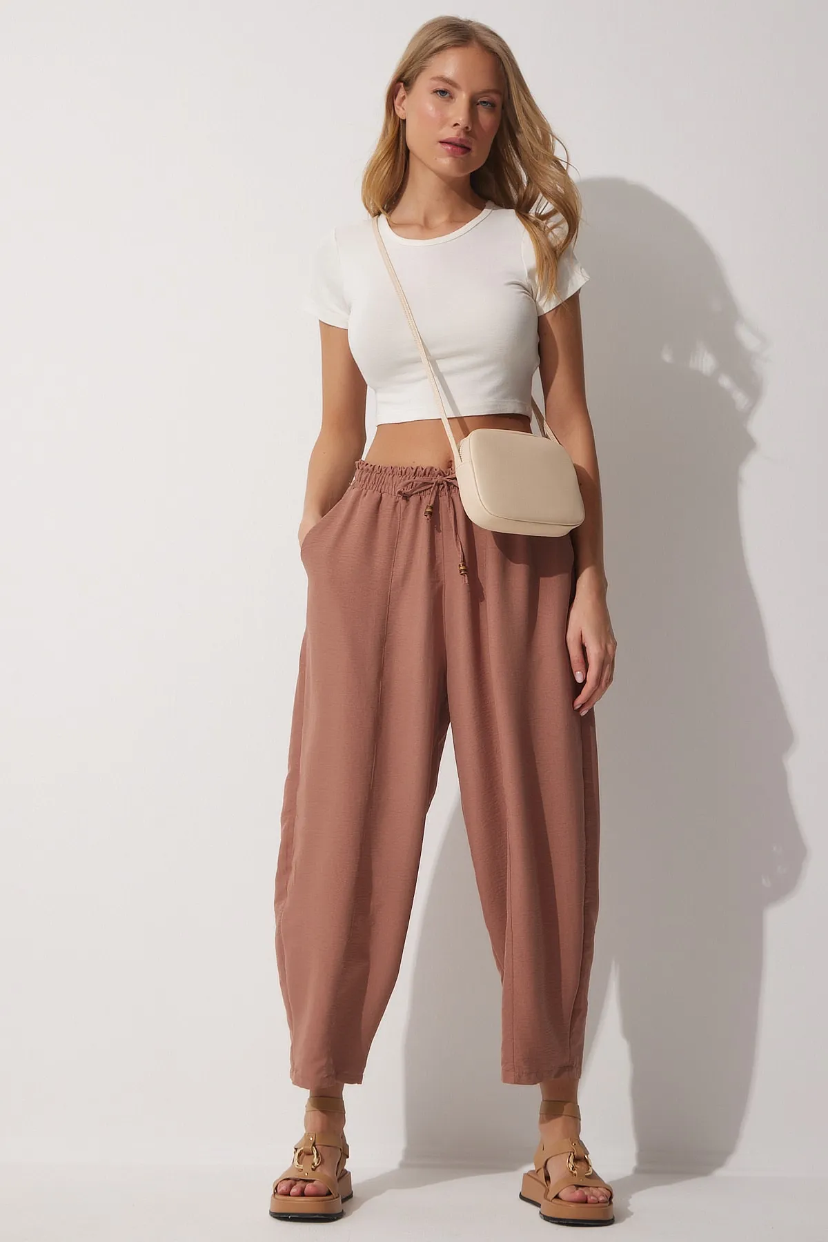 Happiness İstanbul  Damen-Shalwar-Hose aus Leinen-Viskose mit Taschen, Kakaofarben, CV00001