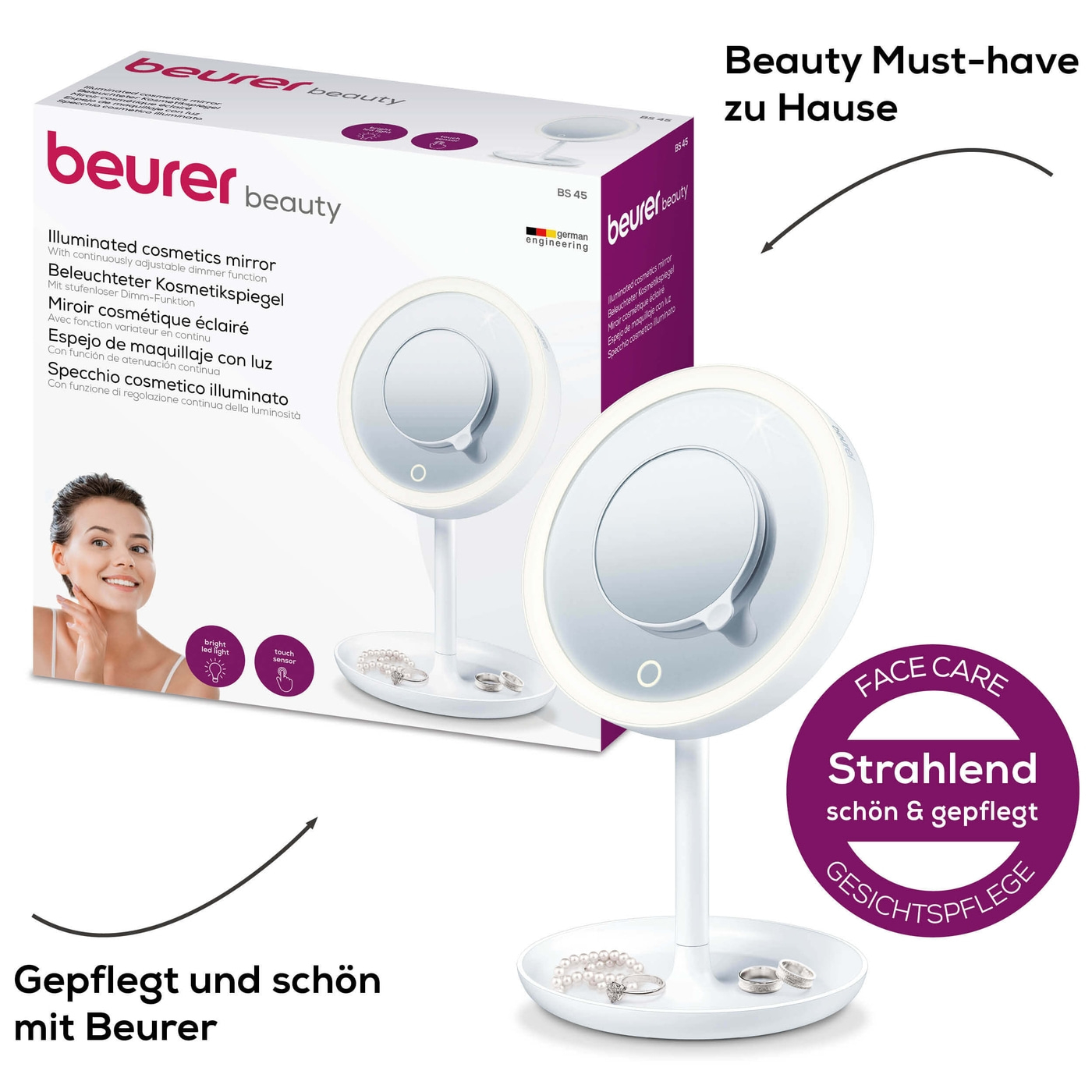 Beurer BS 45 Beleuchteter Kosmetikspiegel-Beleuchteter Standspiegel mit magnetischem Extra-Spiegel & 5-fach Zoom