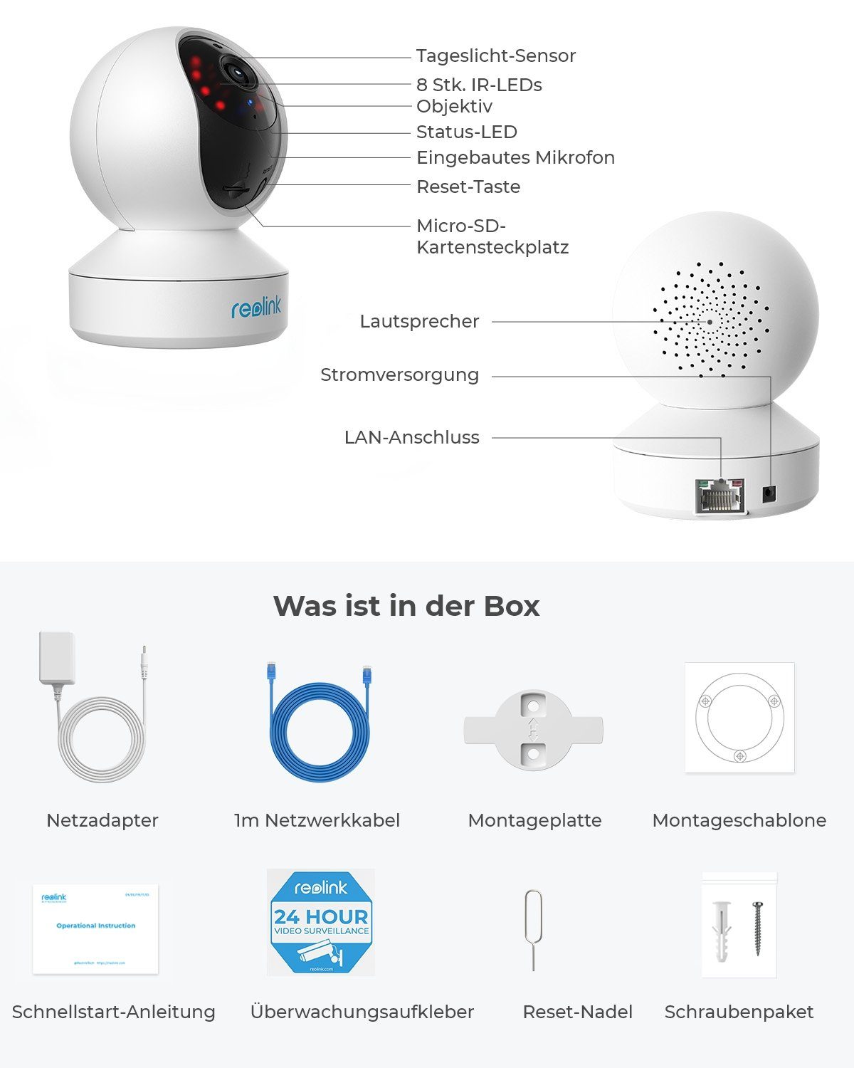 Reolink E1 3MP WLAN IP Überwachungskamera (Indoor, Packung, 1-tlg., 355° Schwenk & 50° Neigung, Pan-Tilt, 2,4-GHz-WLAN, Bewegungserkennung, Bidirektionales Audio)