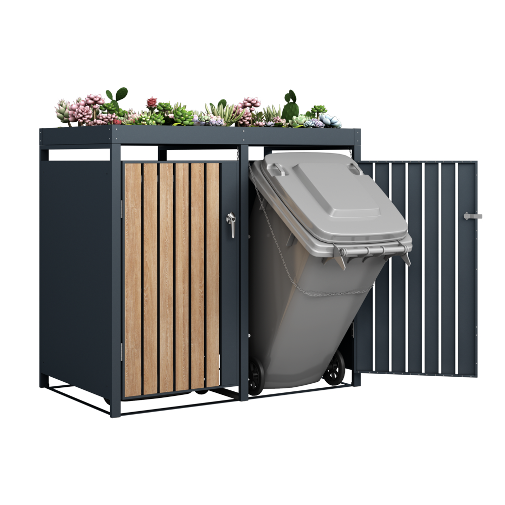 HC Garten & Freizeit Mülltonnenverkleidung 2er mit Pflanzdach Mülltonnenbox Anthrazit