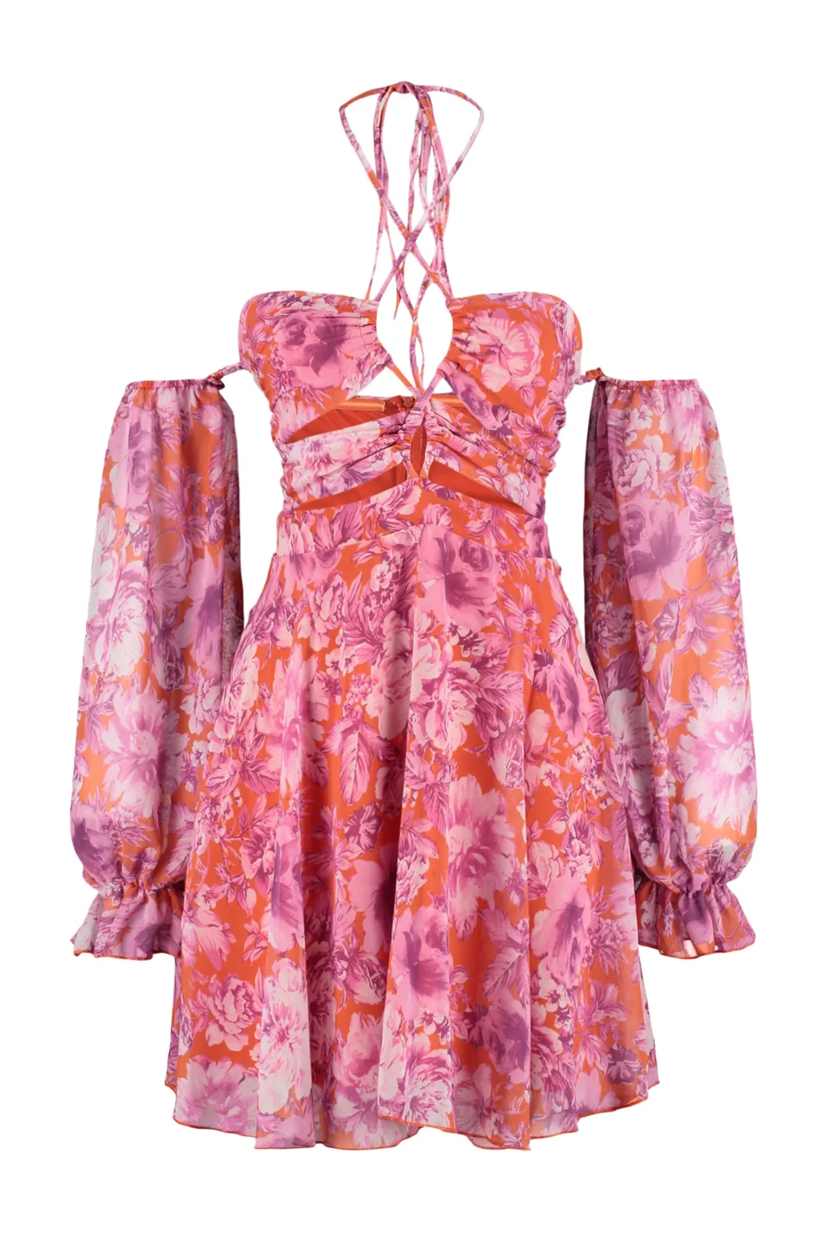 Trendyol Collection  Mehrfarbiges, ausgekleidetes Fenster/Ausschnitt, detailliertes Blumenmuster, elegantes Abendkleid TPRSS23EL00087