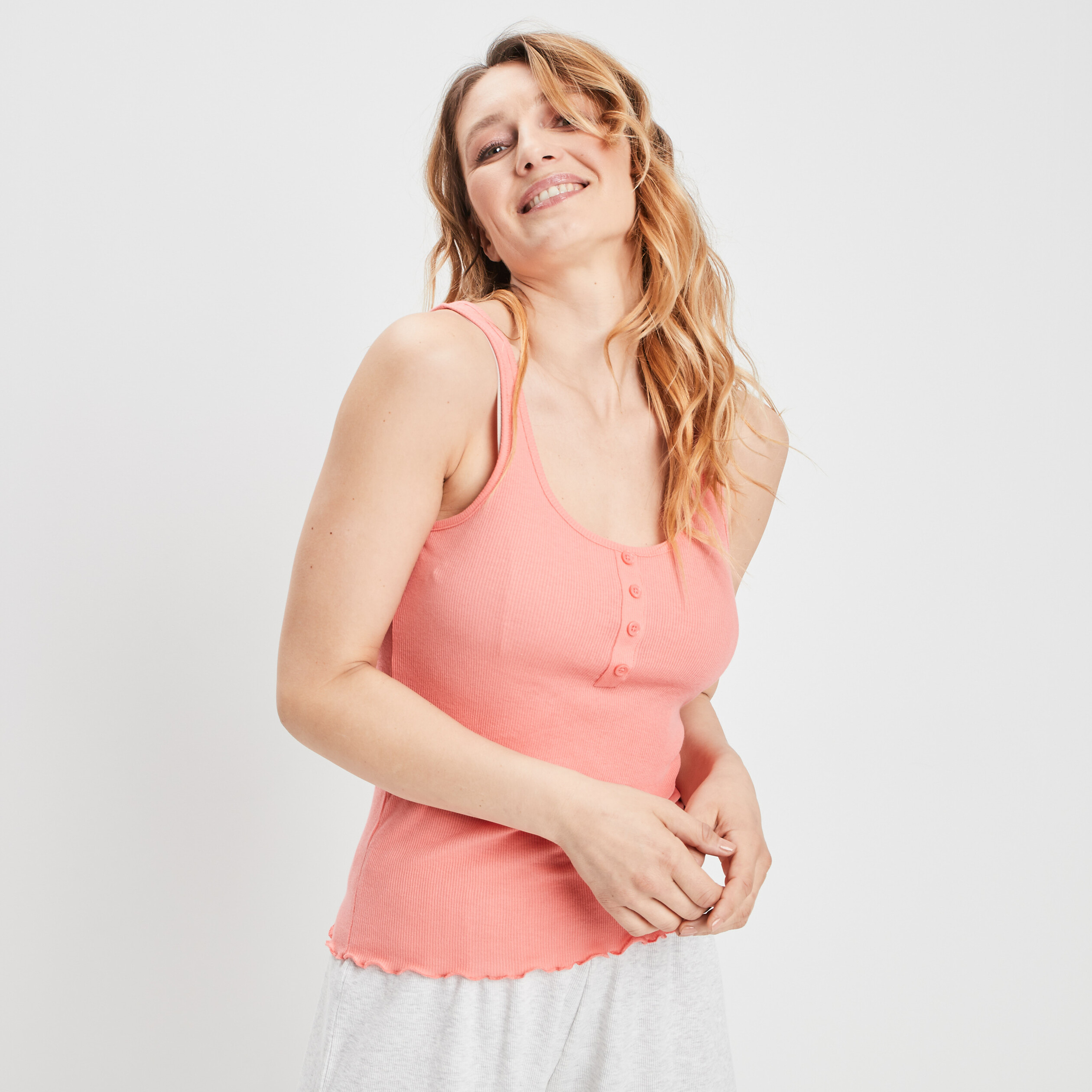 Haut de pyjama débardeur effet côtelé orange corail femme | La Halle