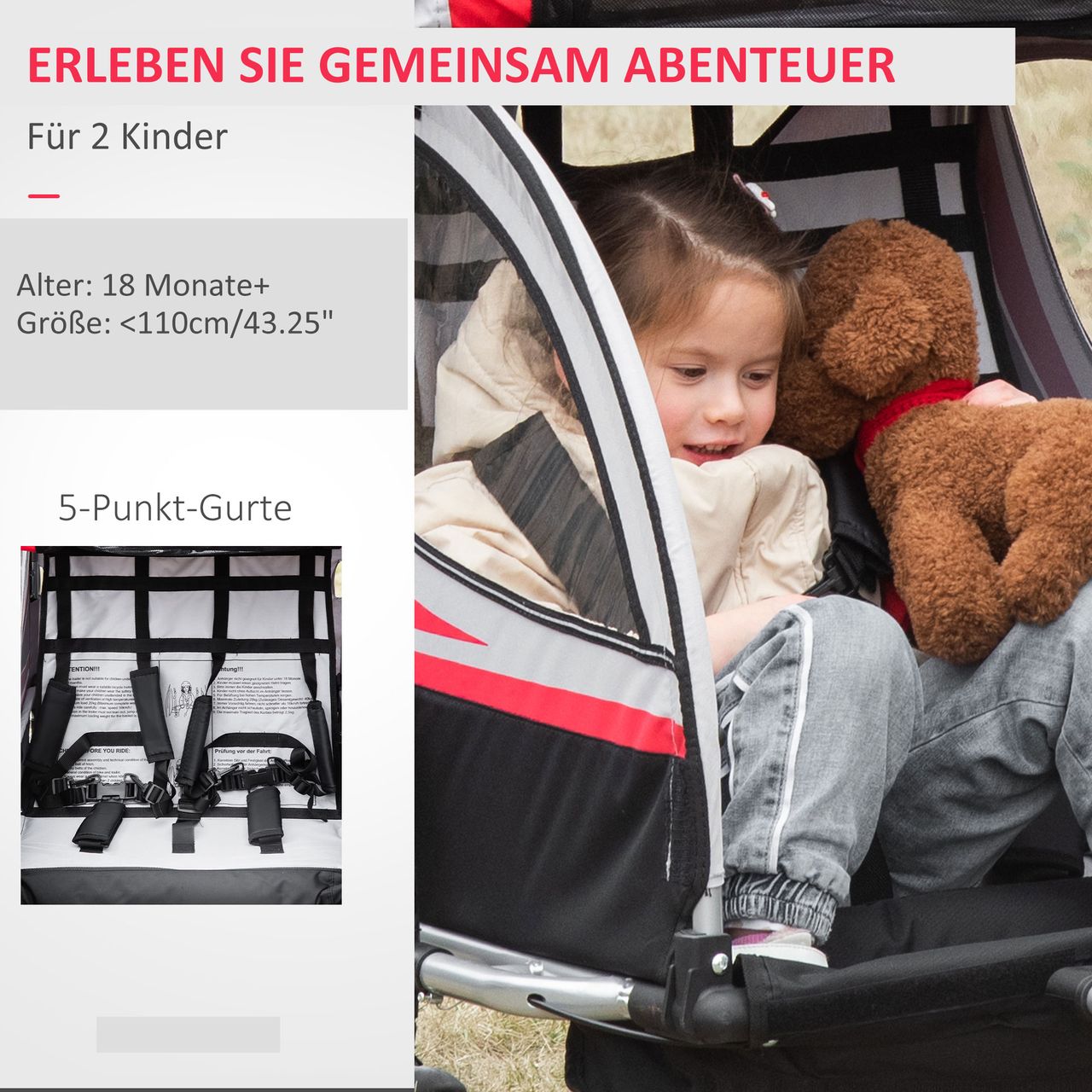 HOMCOM 2 in 1 Kinderfahrradanhänger, Kinderanhänger mit Federung, Rot Schwarz
