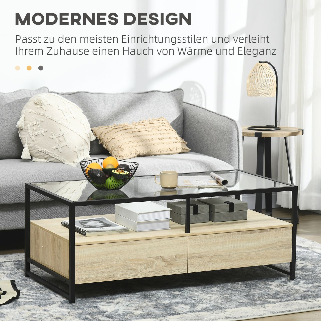 HOMCOM Couchtisch, Beistelltisch mit Schublade, Kaffeetisch mit Stauraum Eiche