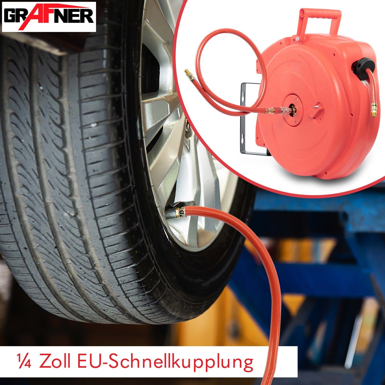 Grafner Schlauchtrommel Automatik Schlauchtrommel 20m Druckluft Schlauch Aufroller AS10932, (Set, Komplett), 1/4 Schnellkupplung, 20m Schlauch