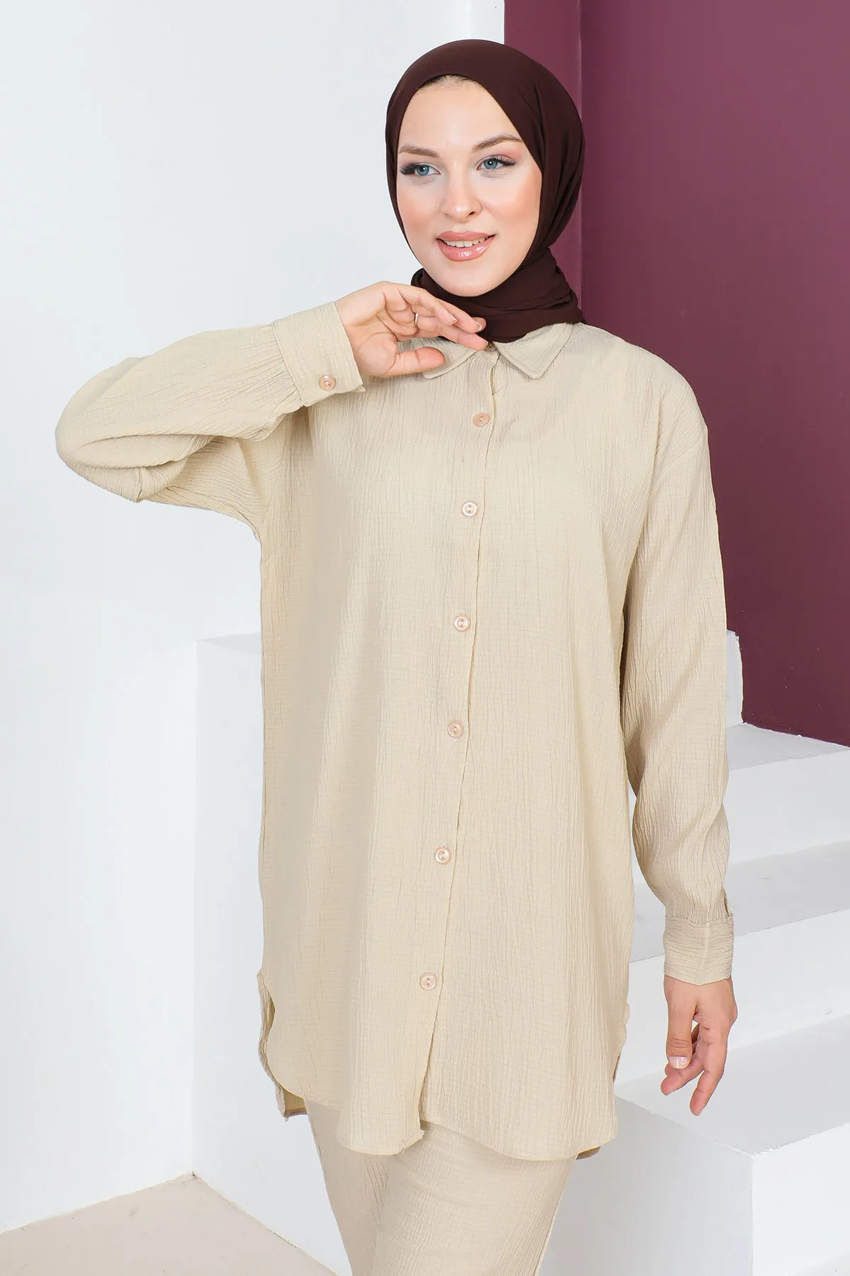 Tesettür Dünyası  Geknöpfter Doppelanzug TSD230632 Beige