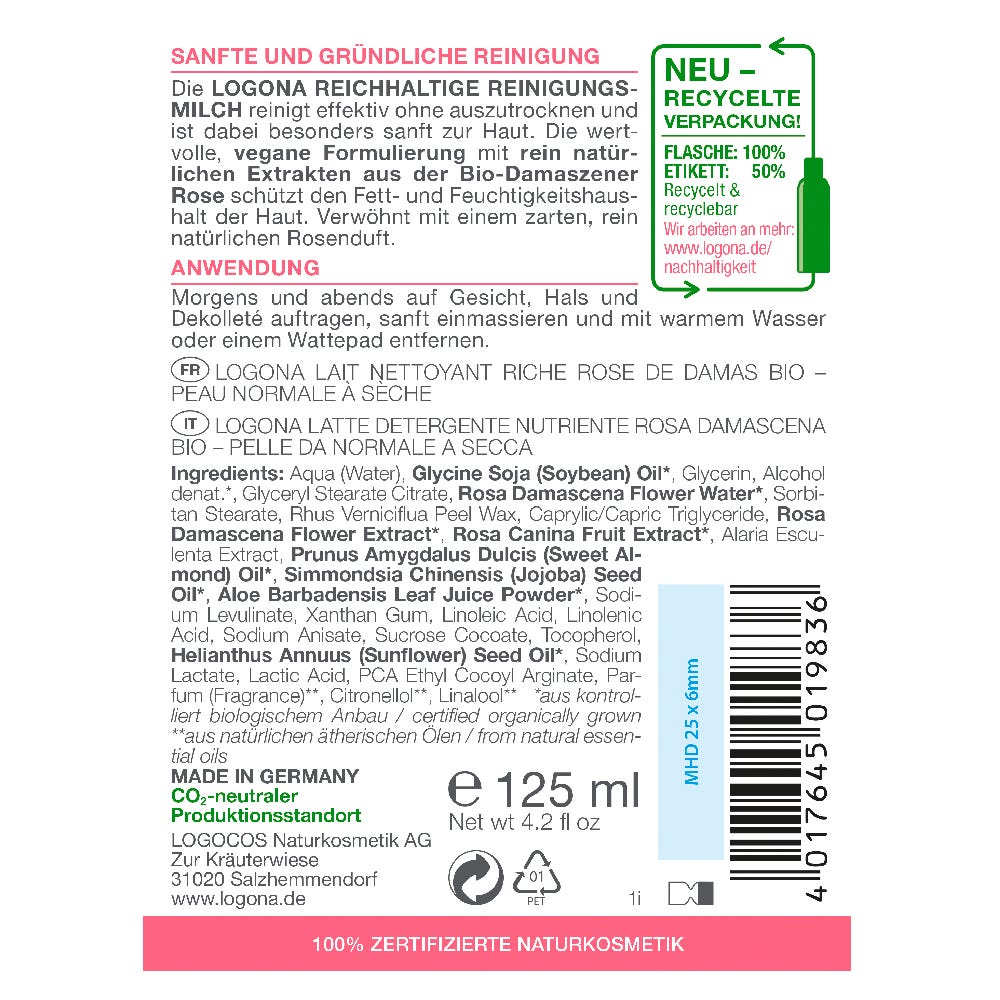LOGONA Reichhaltige Reinigungsmilch Bio-Damaszener Rose 125 ml