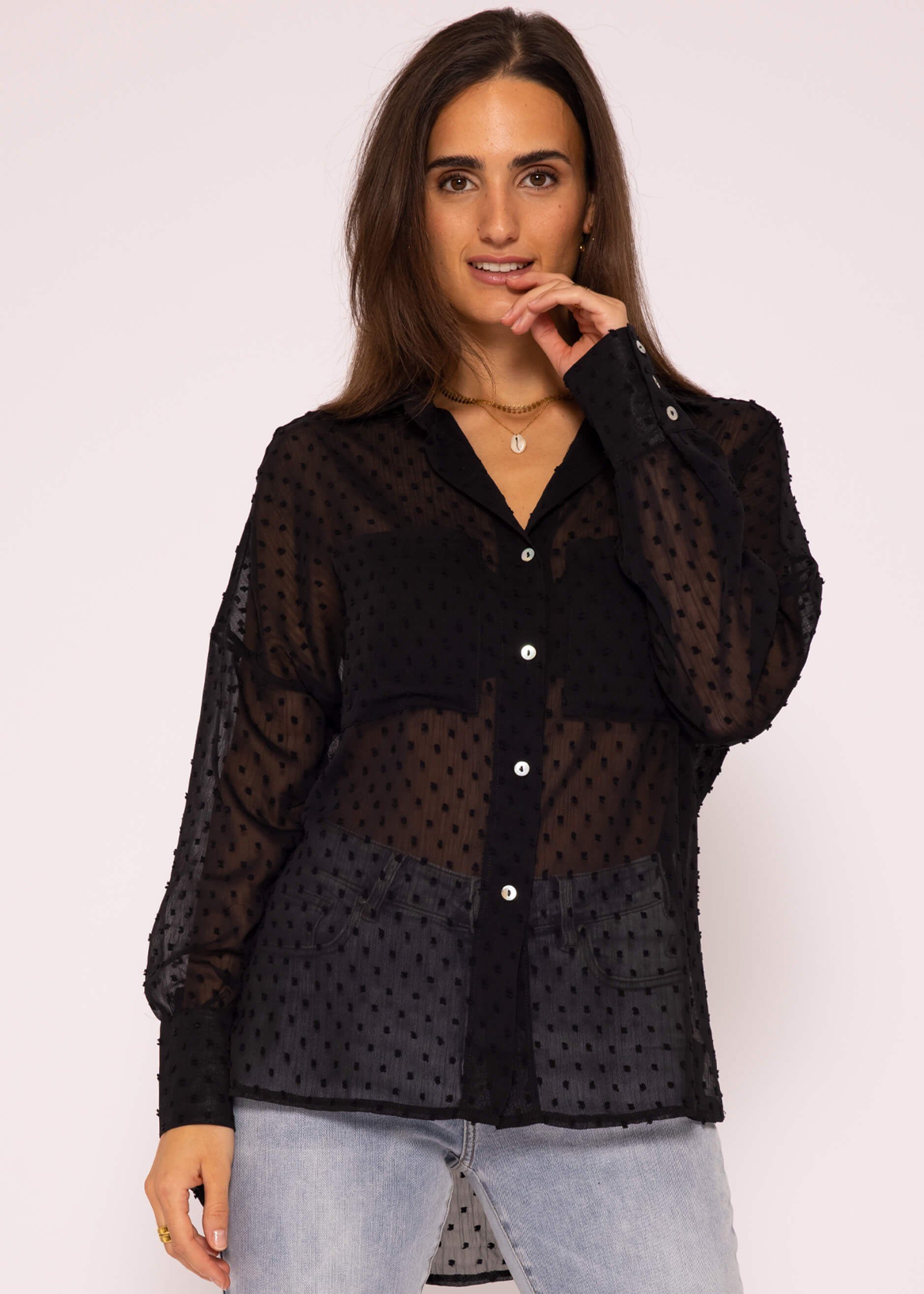 SASSYCLASSY Langarmbluse Oversize Bluse Damen Langarm - elegant & festlich Hemdbluse lang aus Plumetis-Gewebe, V-Ausschnitt, One Size (Gr. 36-42)