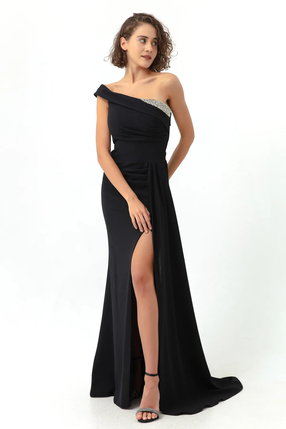 Lafaba  Schwarzes, schulterfreies, steinernes langes Abendkleid für Damen