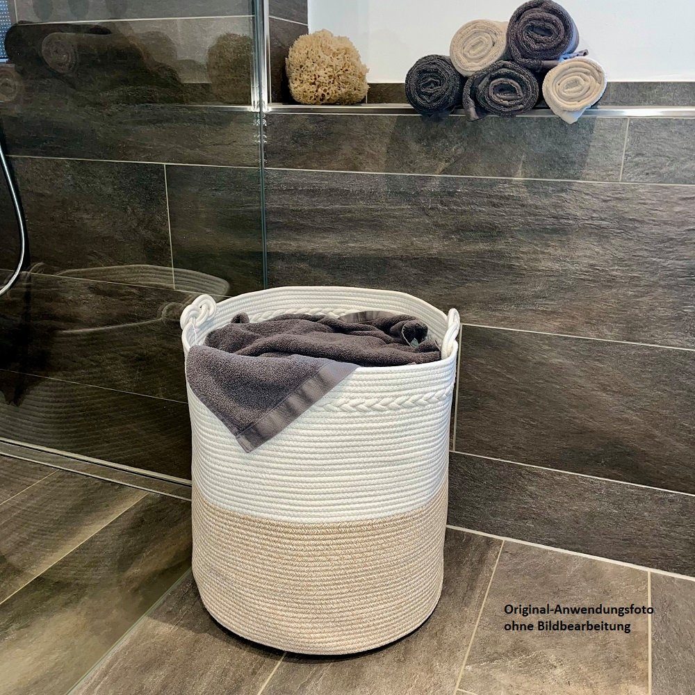 WIESEN.design Wäschekorb Knut Hellbraun/Weiß, 100% Baumwolle, Aufbewahrungskorb geflochten, inkl. großem Waschsack und schwerem Wäschesack, gratis Versand